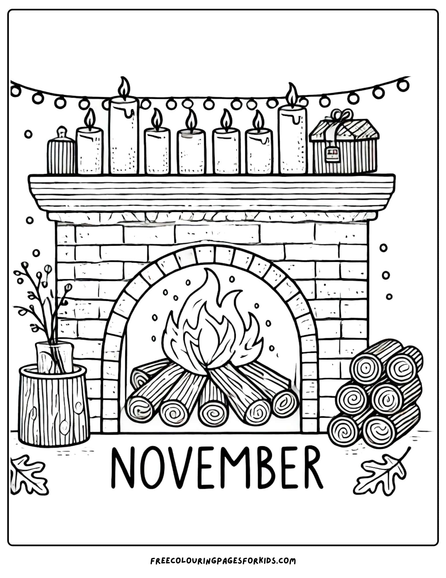 november cozy roaring fireplace coloring page