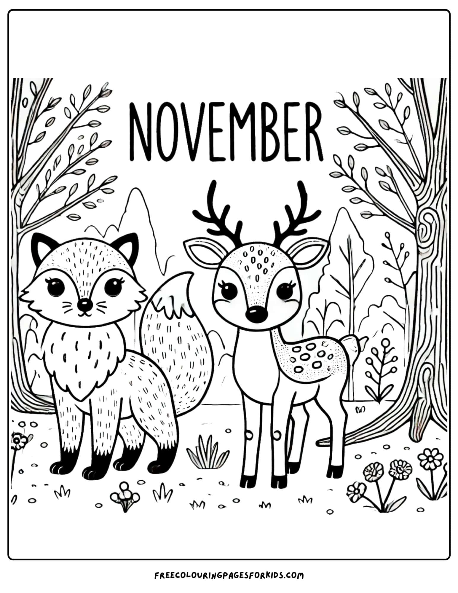 november fox and dear in a forest coloring page