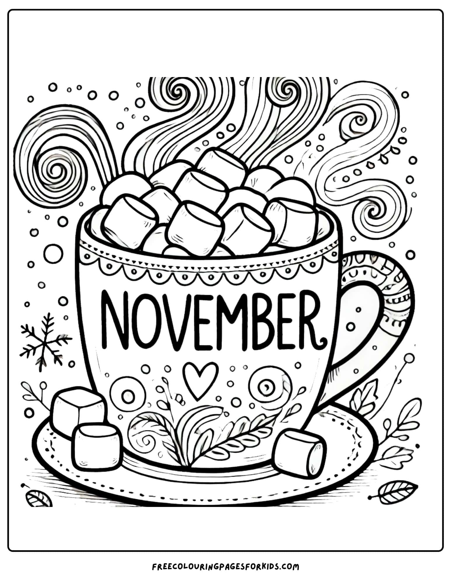 november witha. cup of hot chocolate and marshmallows coloring page