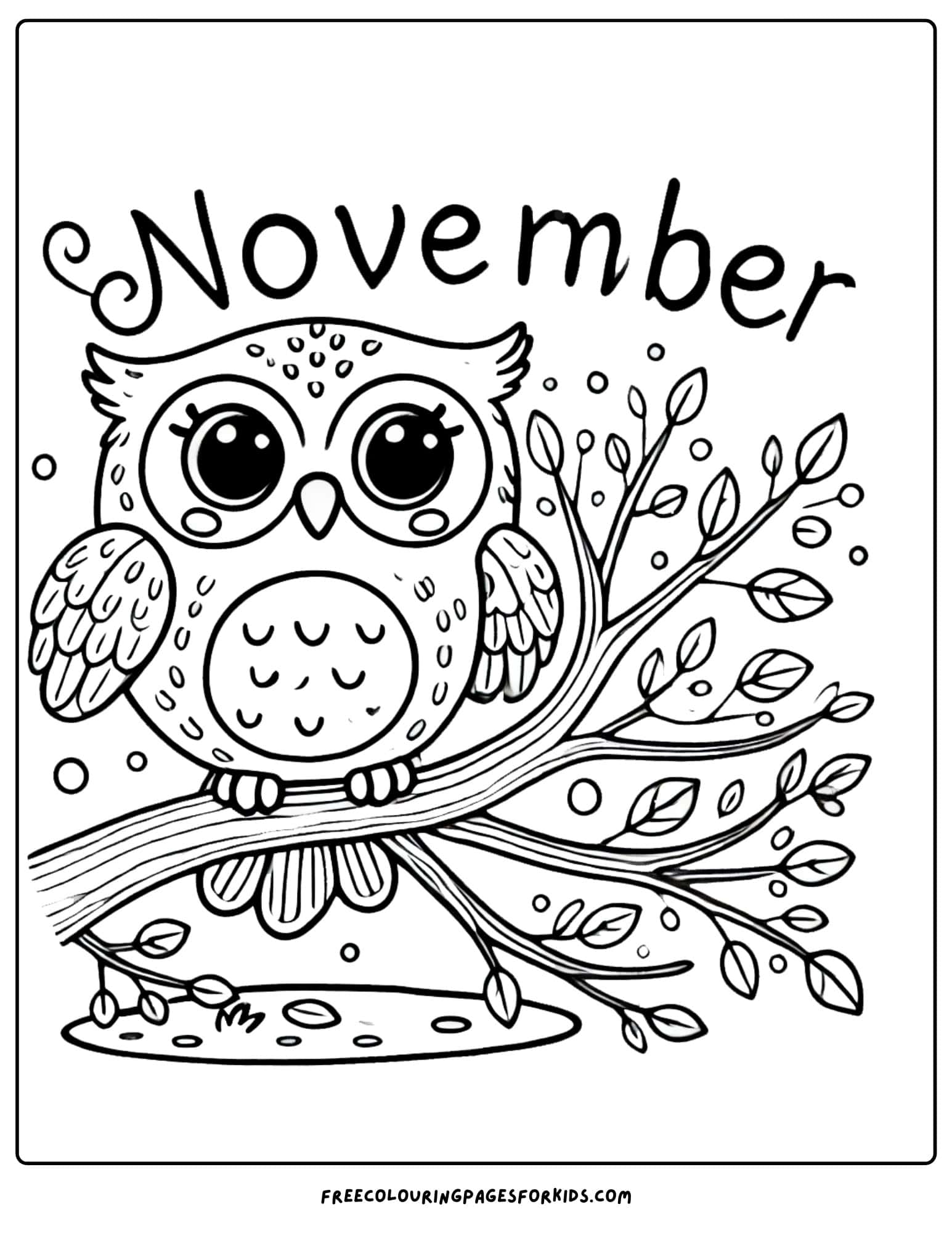 november owl on a tree branch coloring page