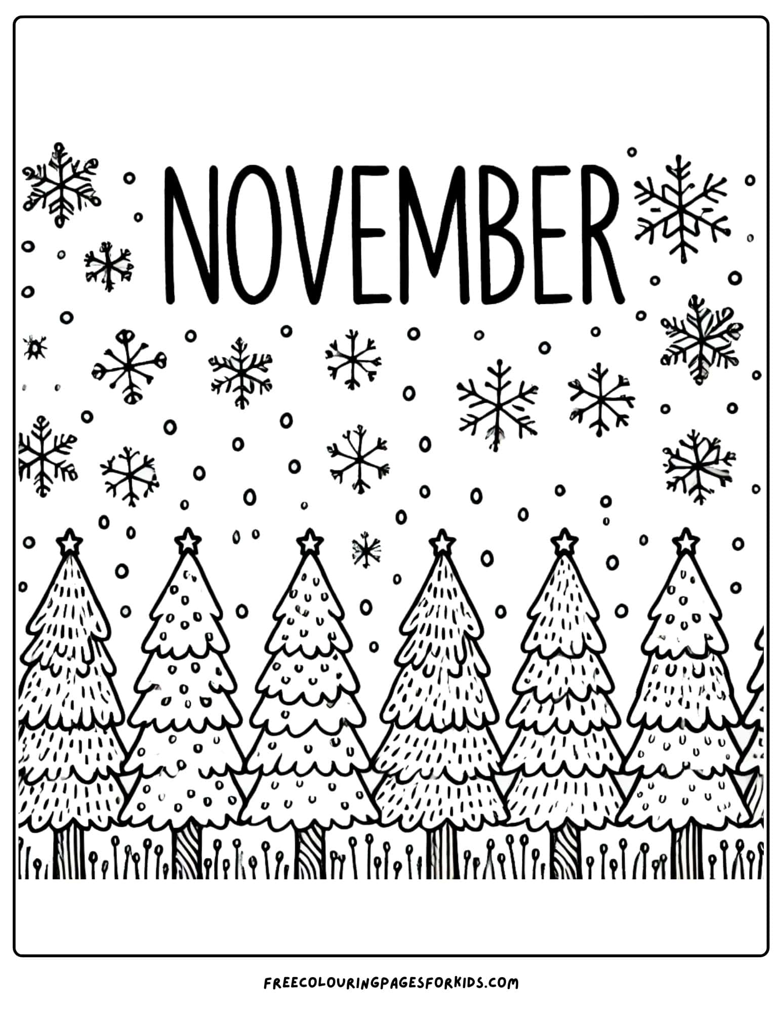 november pine trees with a dusting of snow coloring page