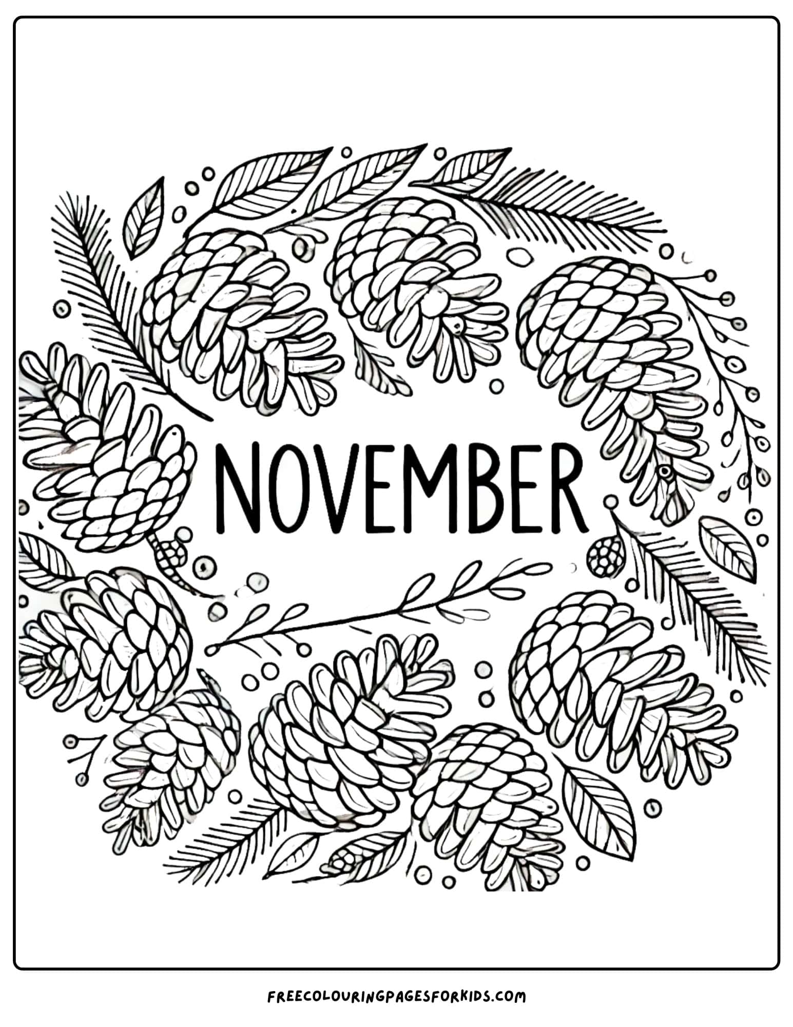 november pinecones and branches coloring page