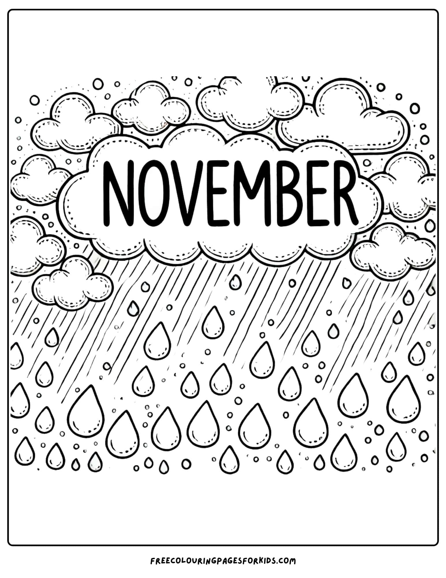 november raindrops and clouds coloring page