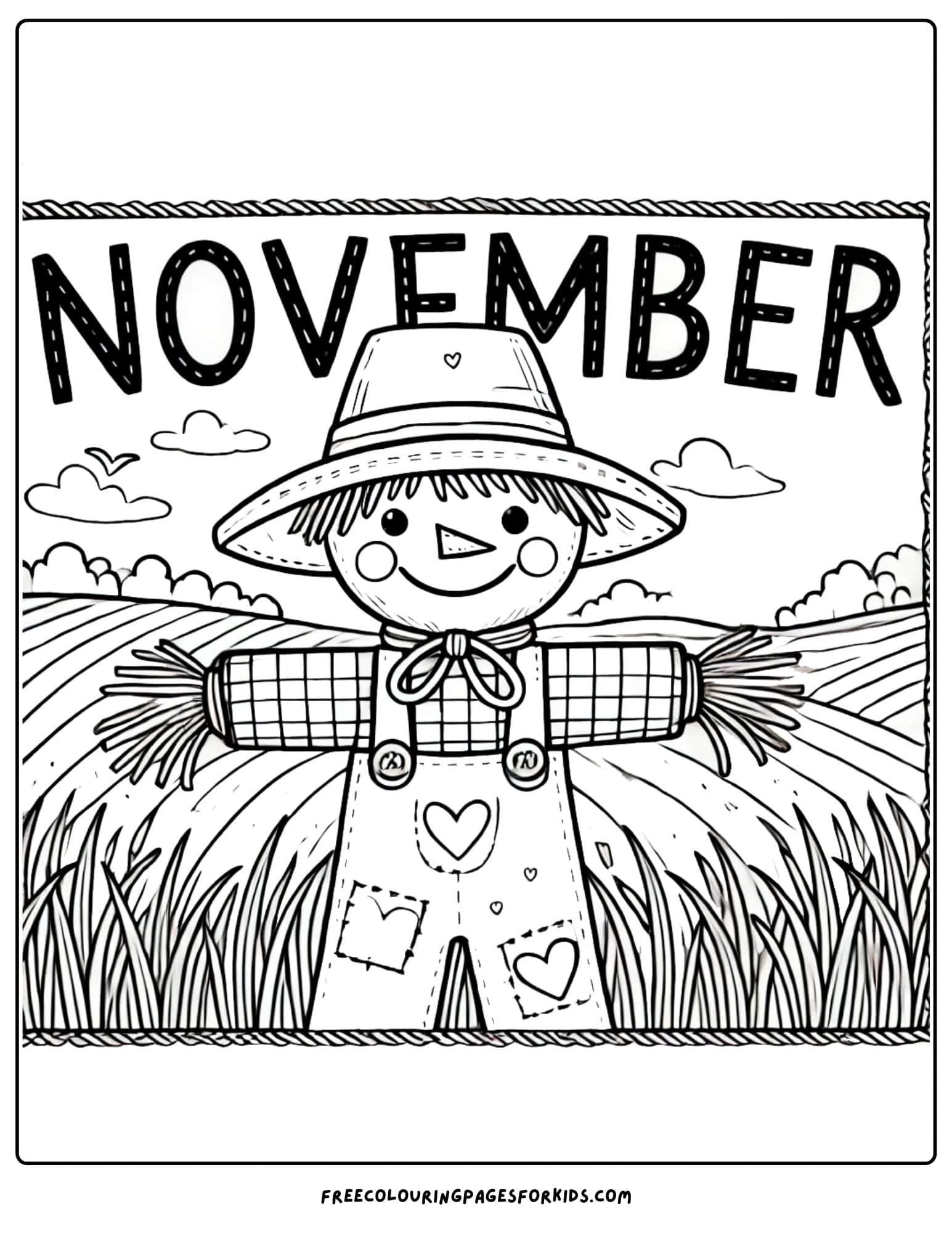 november scarecrow in the field coloring page