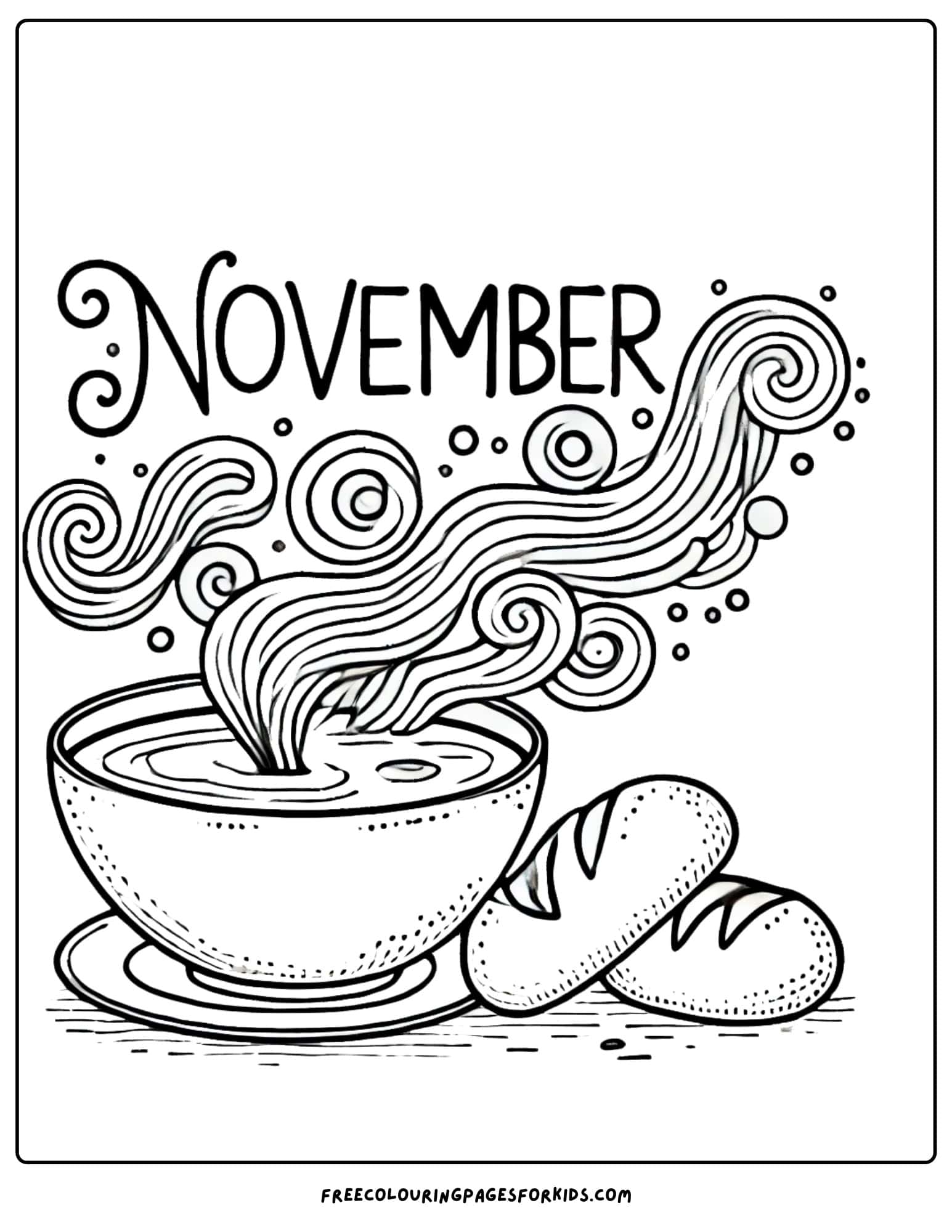 november with a bowl of warm soup coloring page