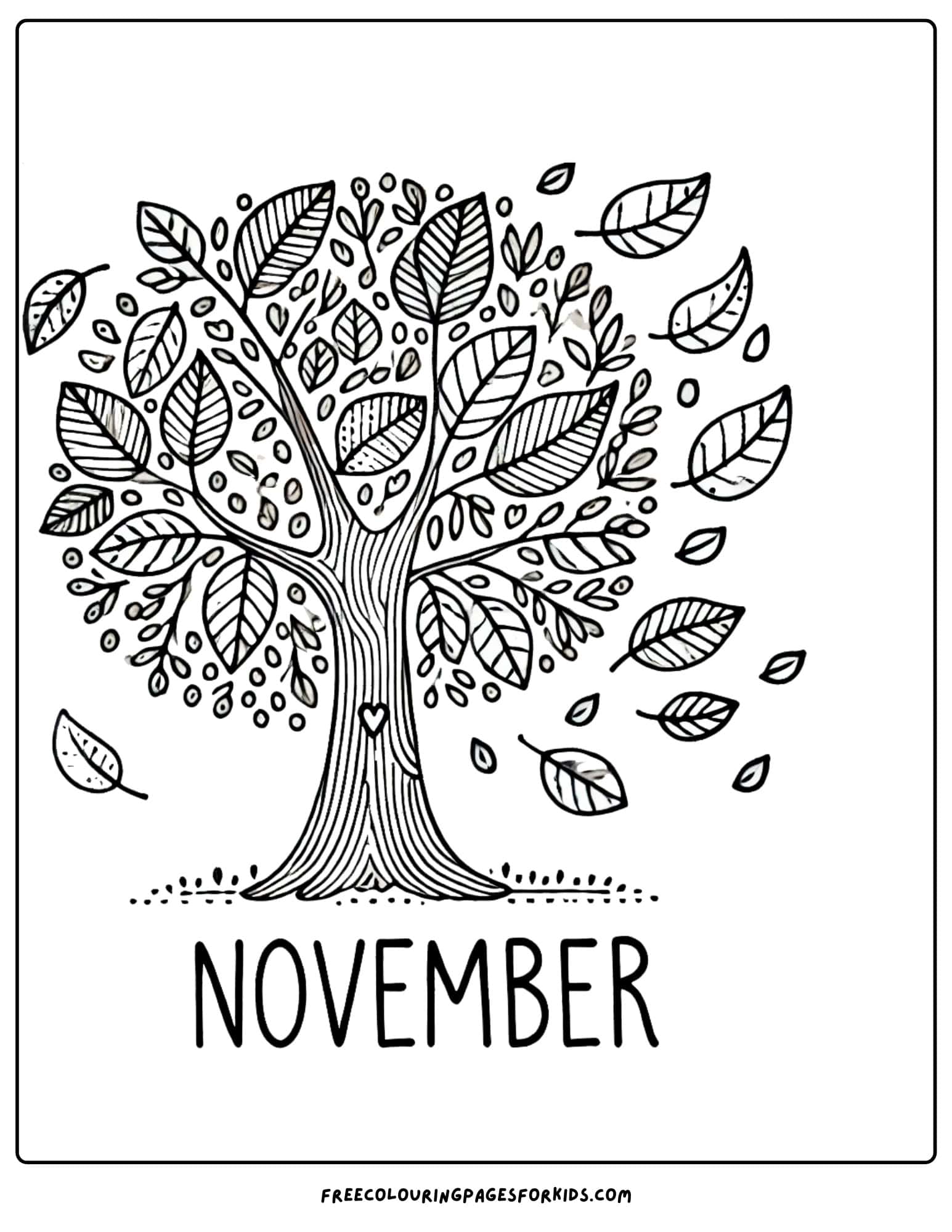 november wind blowing a tree leaves off coloring page