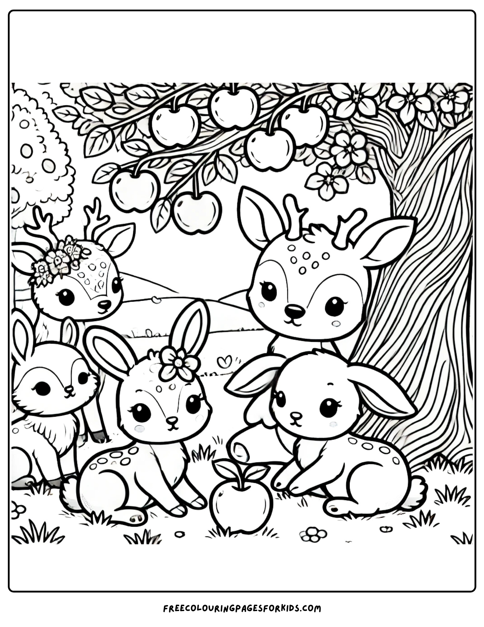 orchard with animals under a tree coloring page