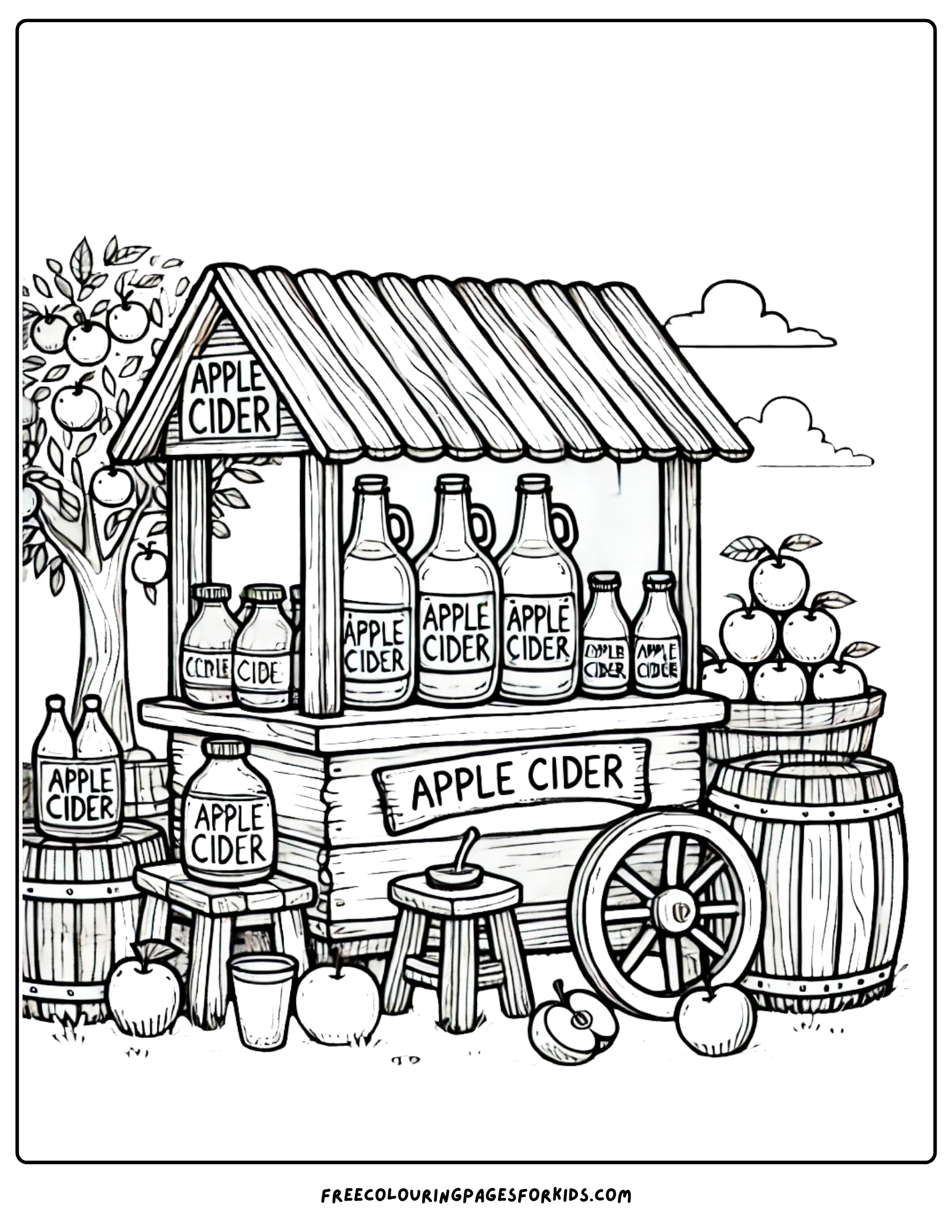 orchard stall selling apple cider coloring page