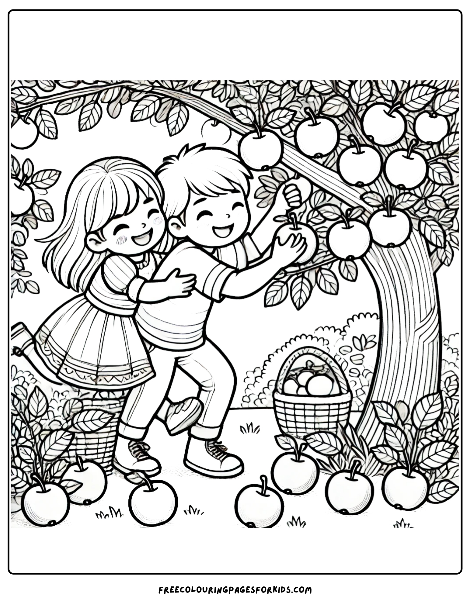 orchard kids picking fruit from the trees coloring page