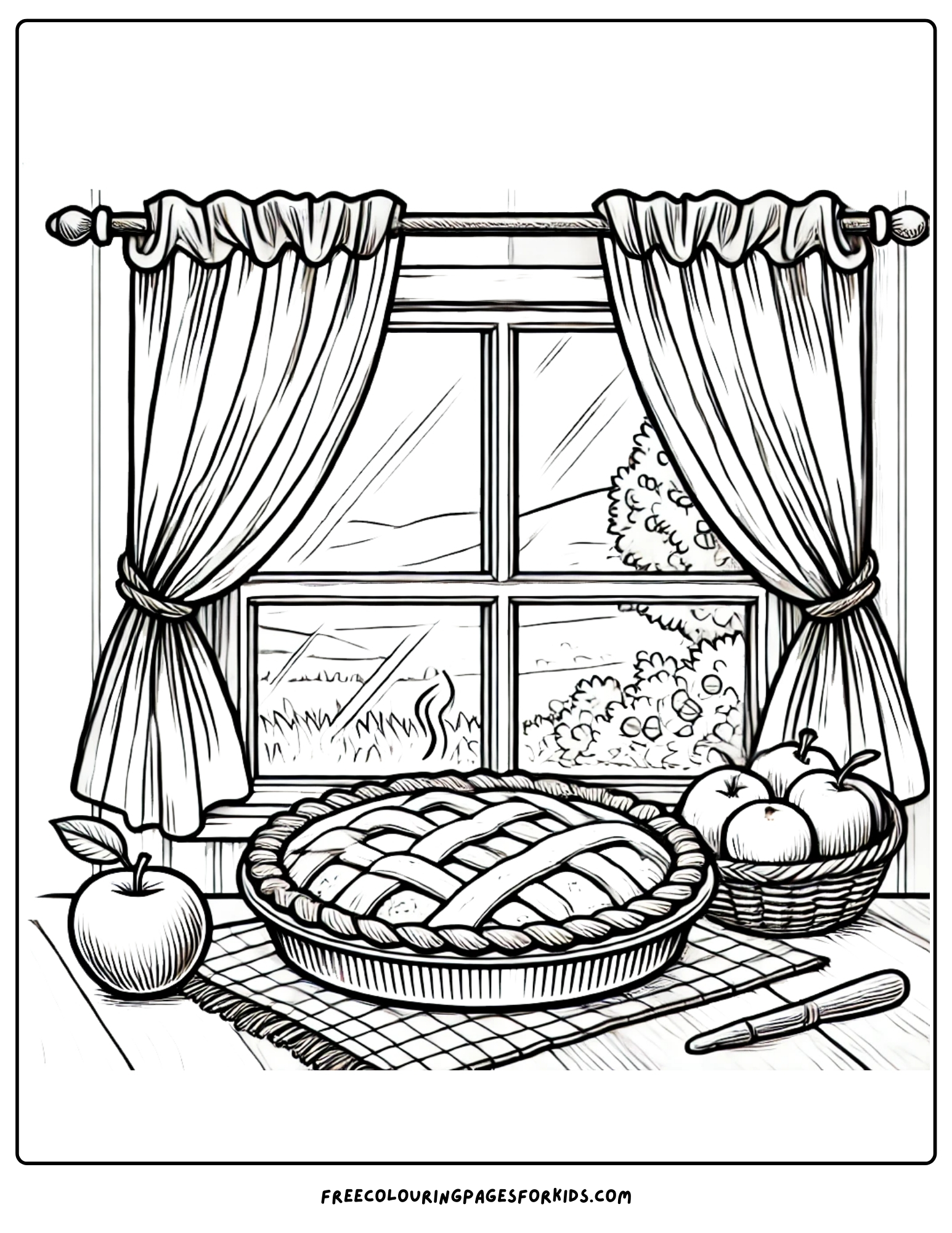 orchard apple pie sitting in the window sill coloring page