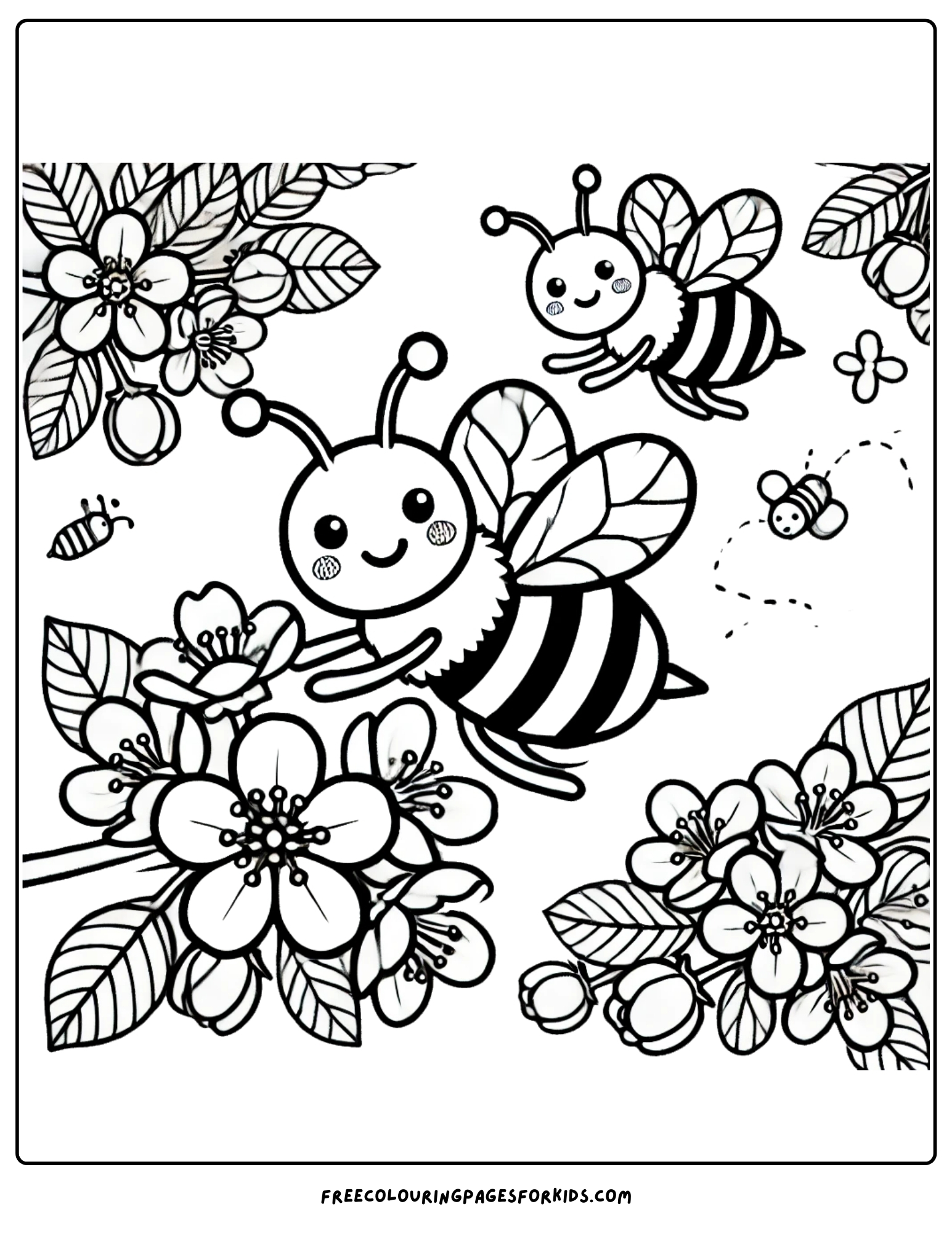 orchard with bees buzzing around fruit tree flowers coloring page