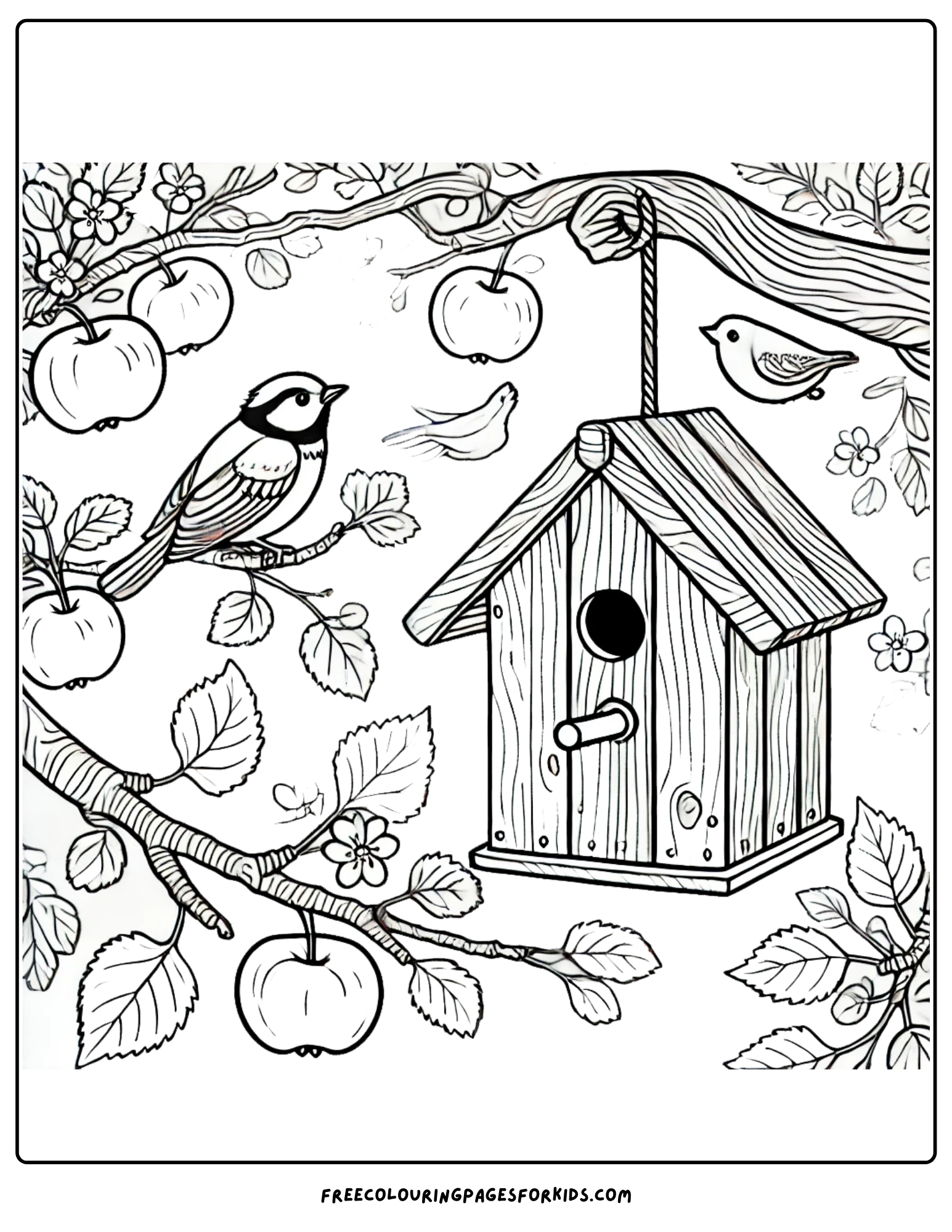 orchard tree with a bird and birdhouse in it coloring page