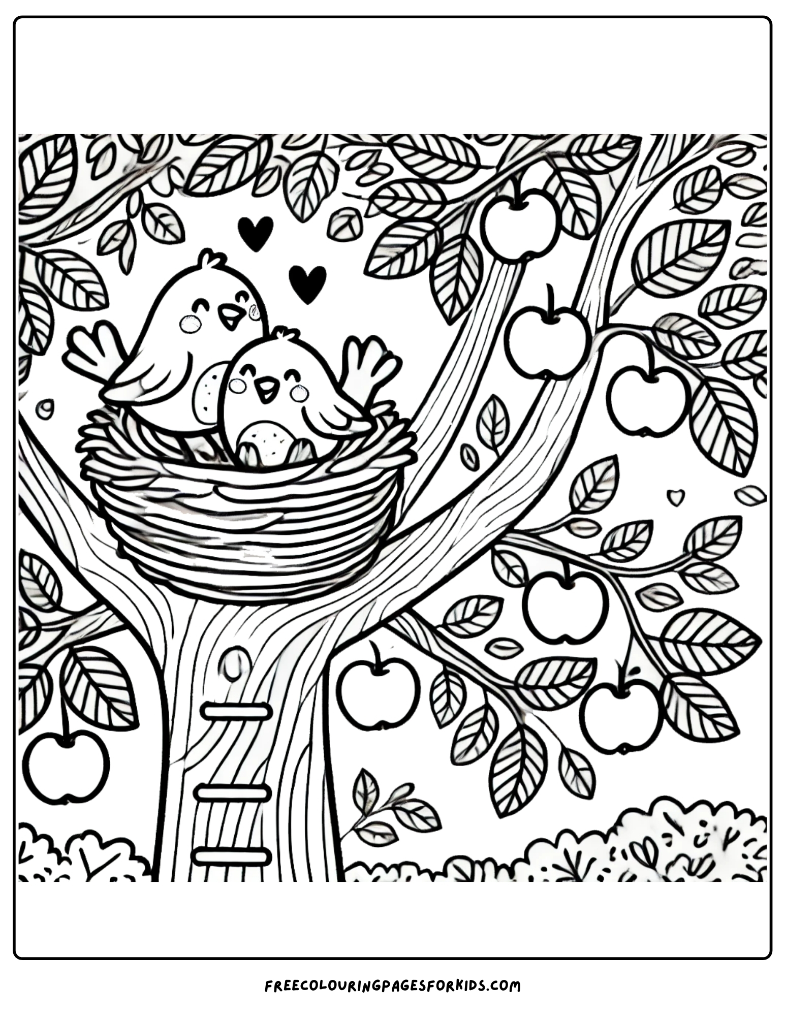 orchard tree with a bird nesting in it coloring page