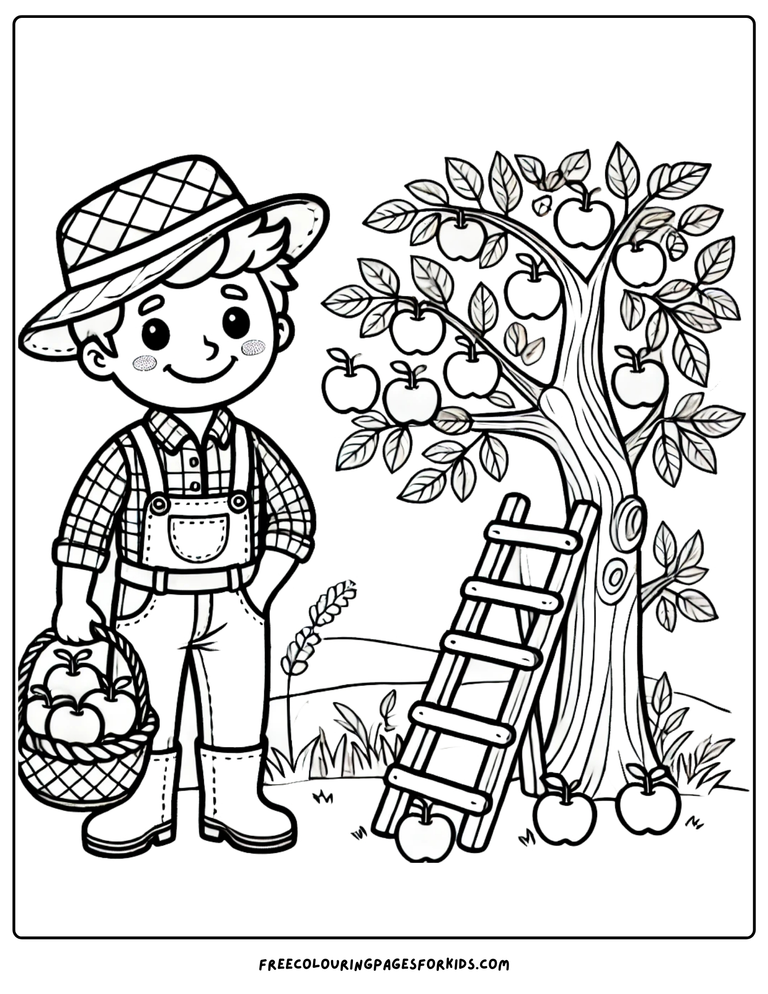 orchard farmer picking apples coloring page