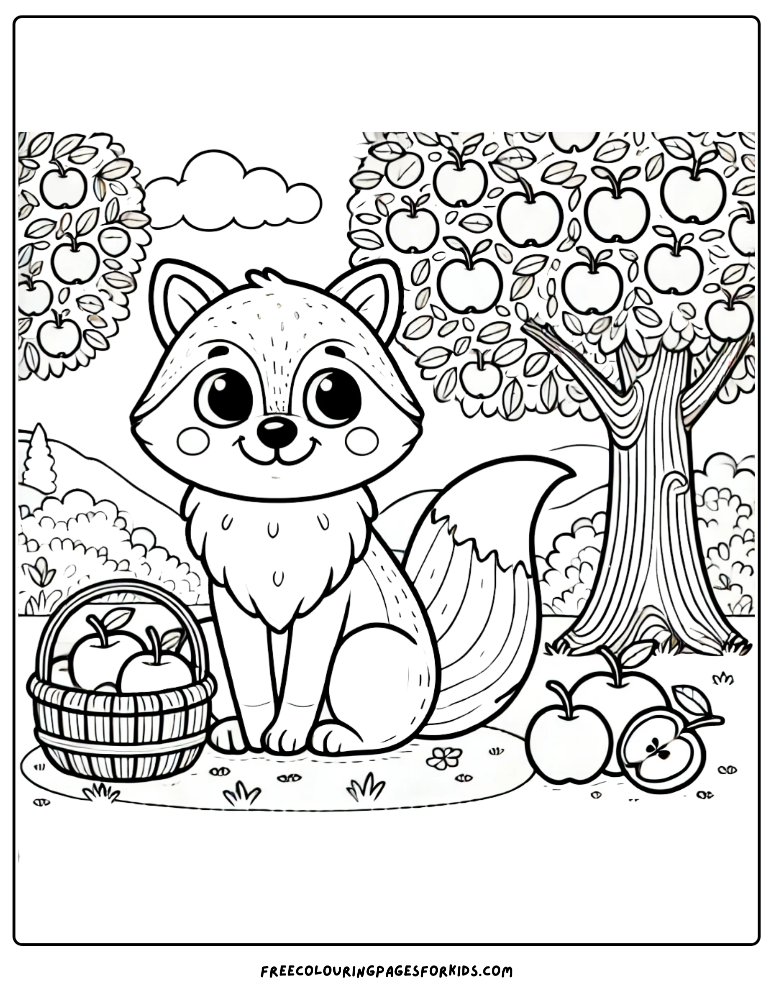 orchard with a friendly fox in the field coloring page