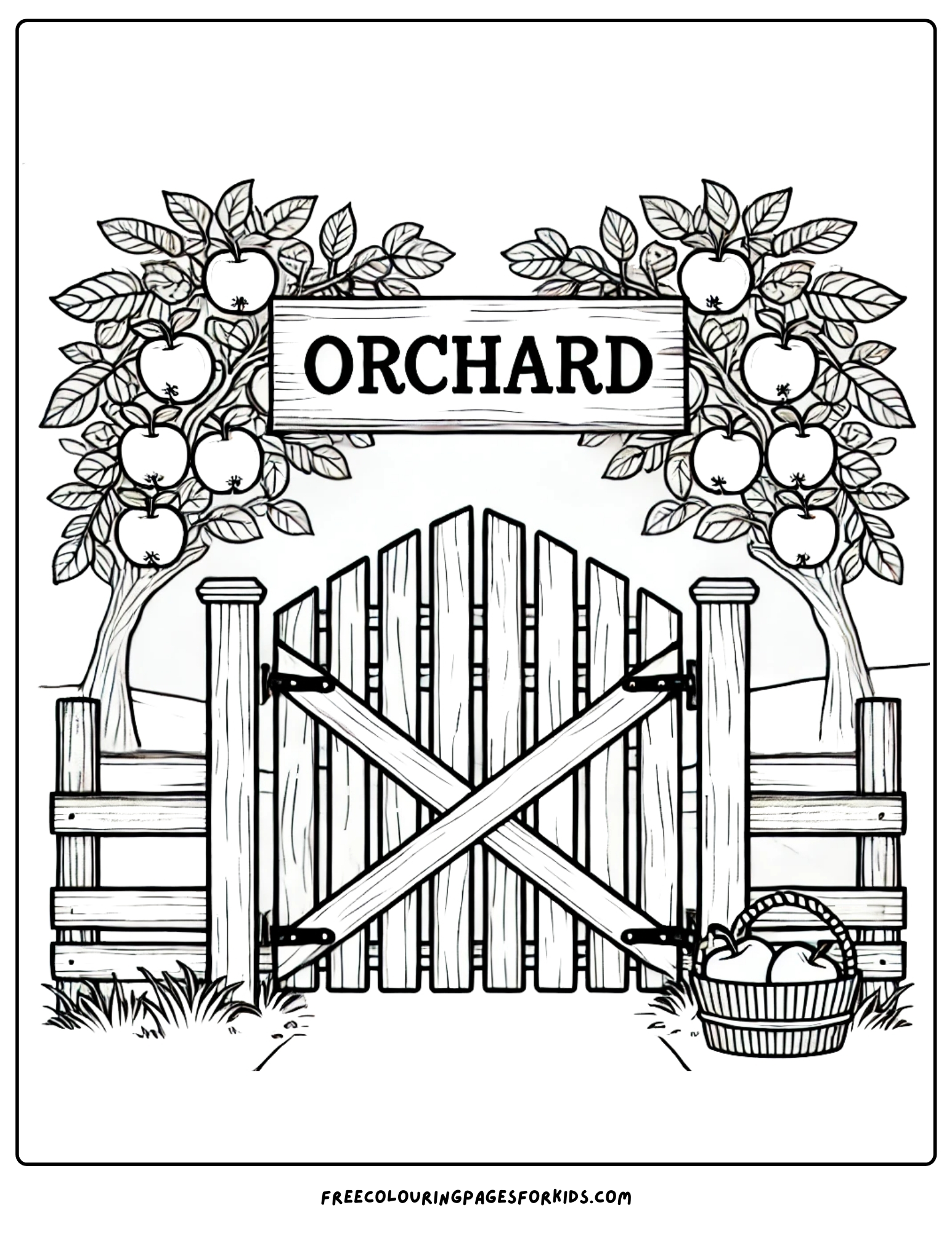 orchard gate with a sign saying orchard above coloring page