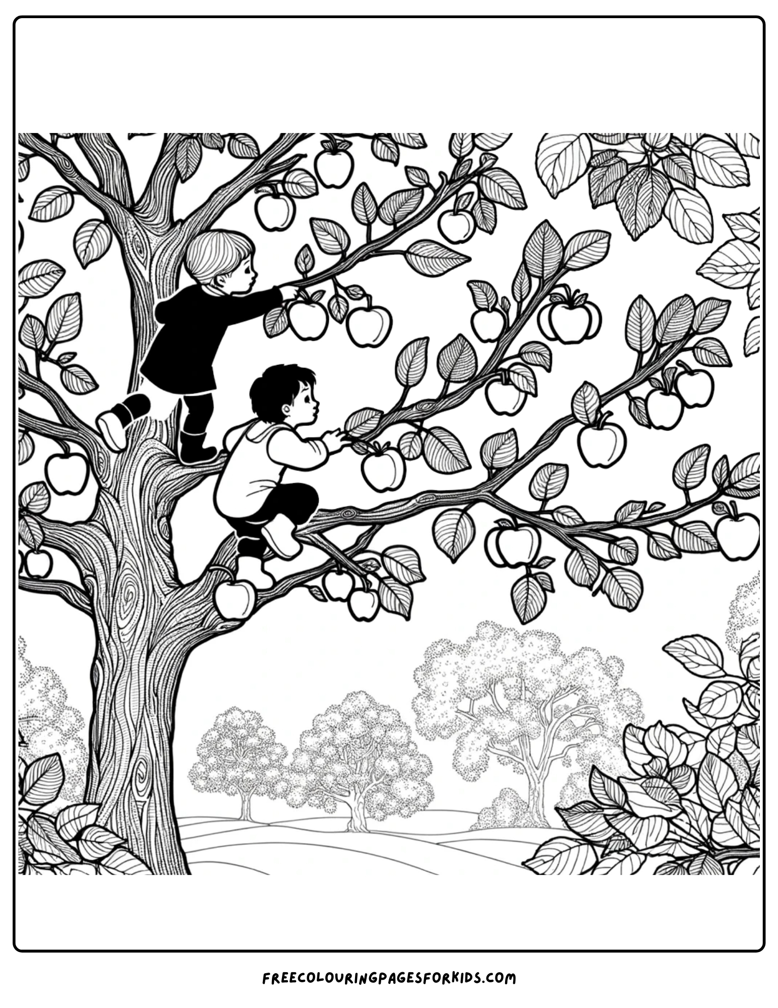 orchard tree with kids climbing it coloring page