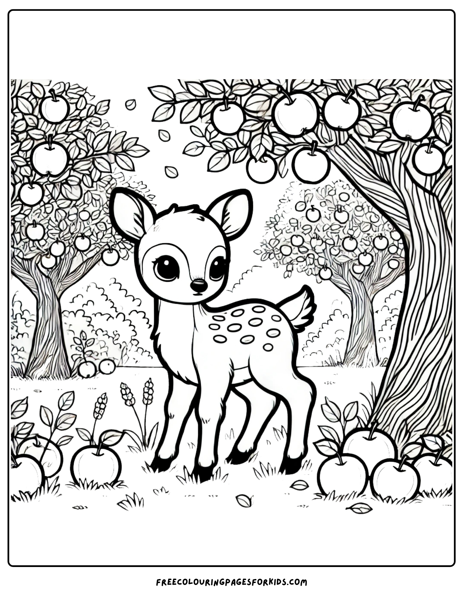 orchard with a little fawn in it coloring page