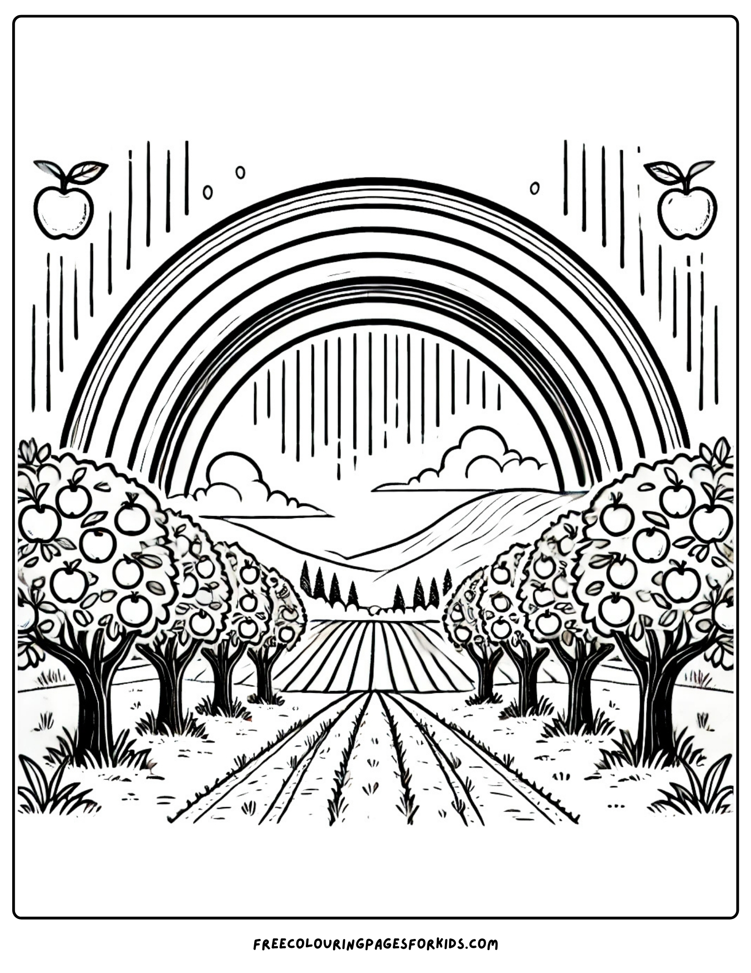 orchard with a rainbow behind the trees coloring page