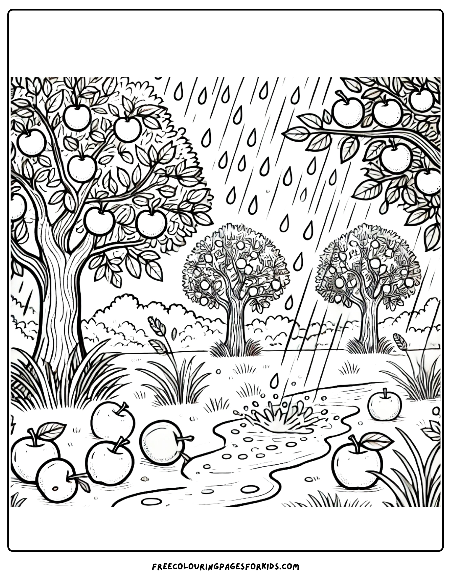 orchard where its raining on the trees coloring page