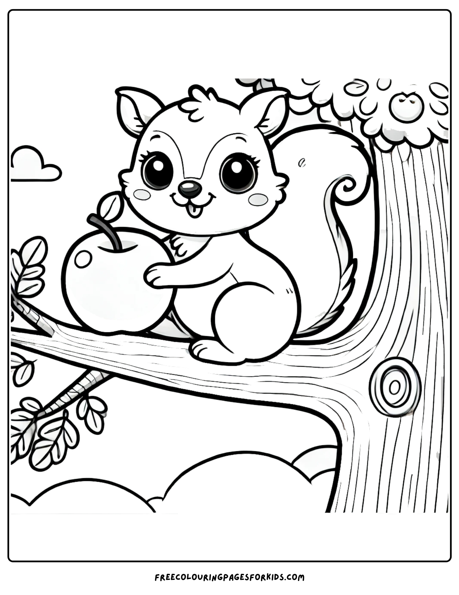 orchard with a squirrel in a tree coloring page