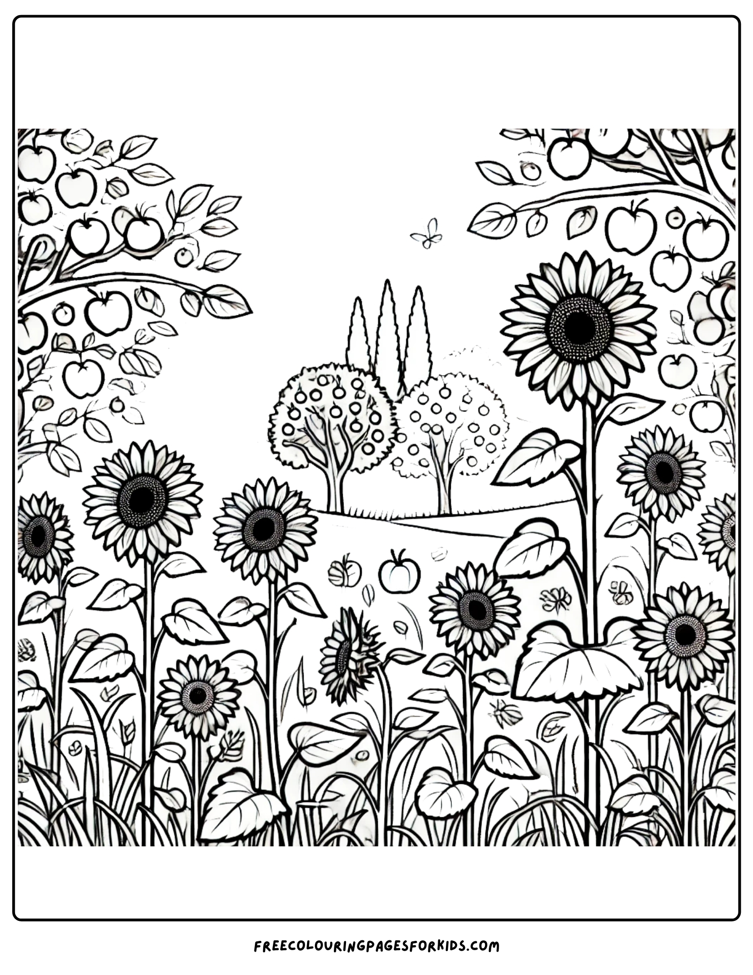 orchard with sunflowers in bloom coloring page