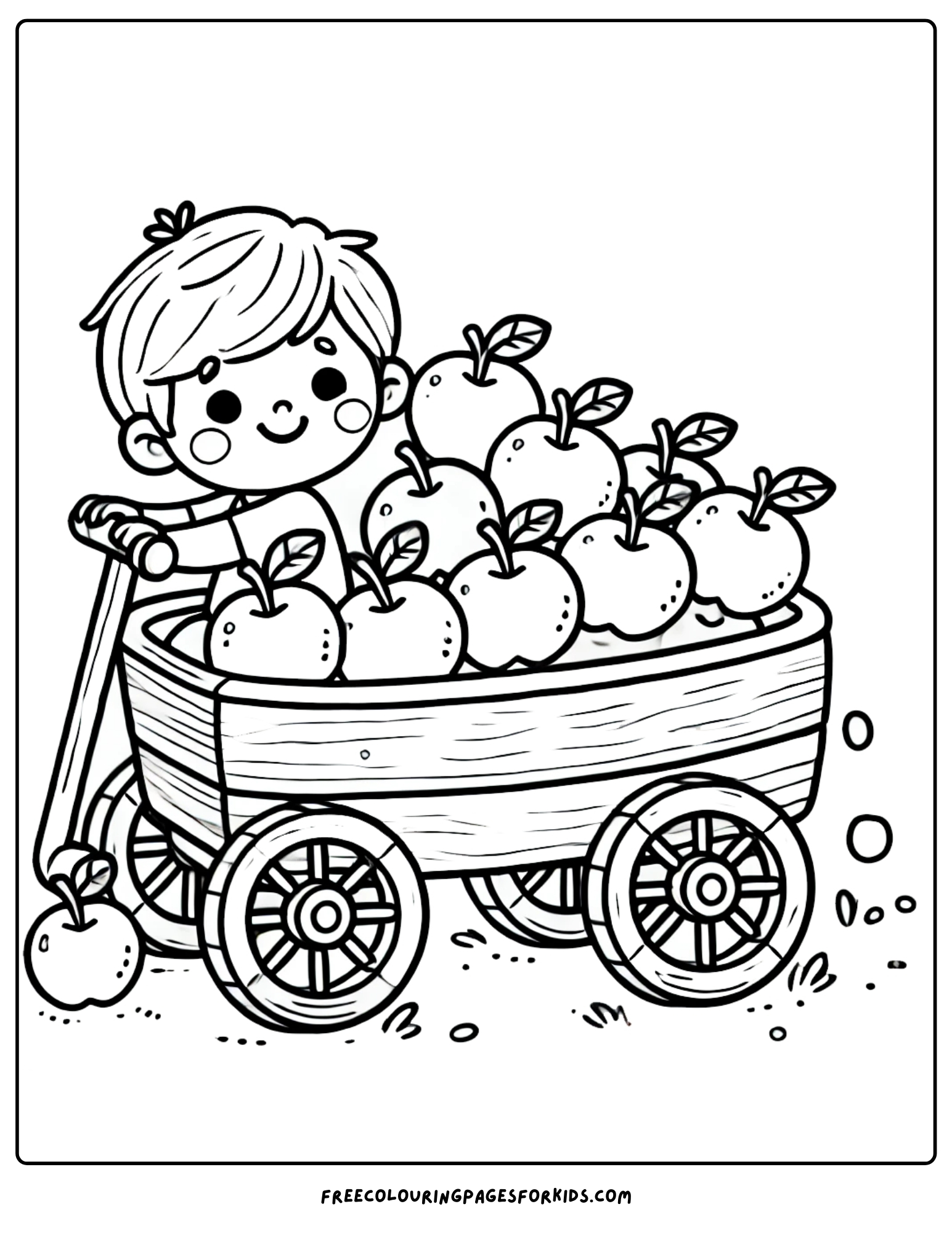 orchard kid with wagon full of apples coloring page