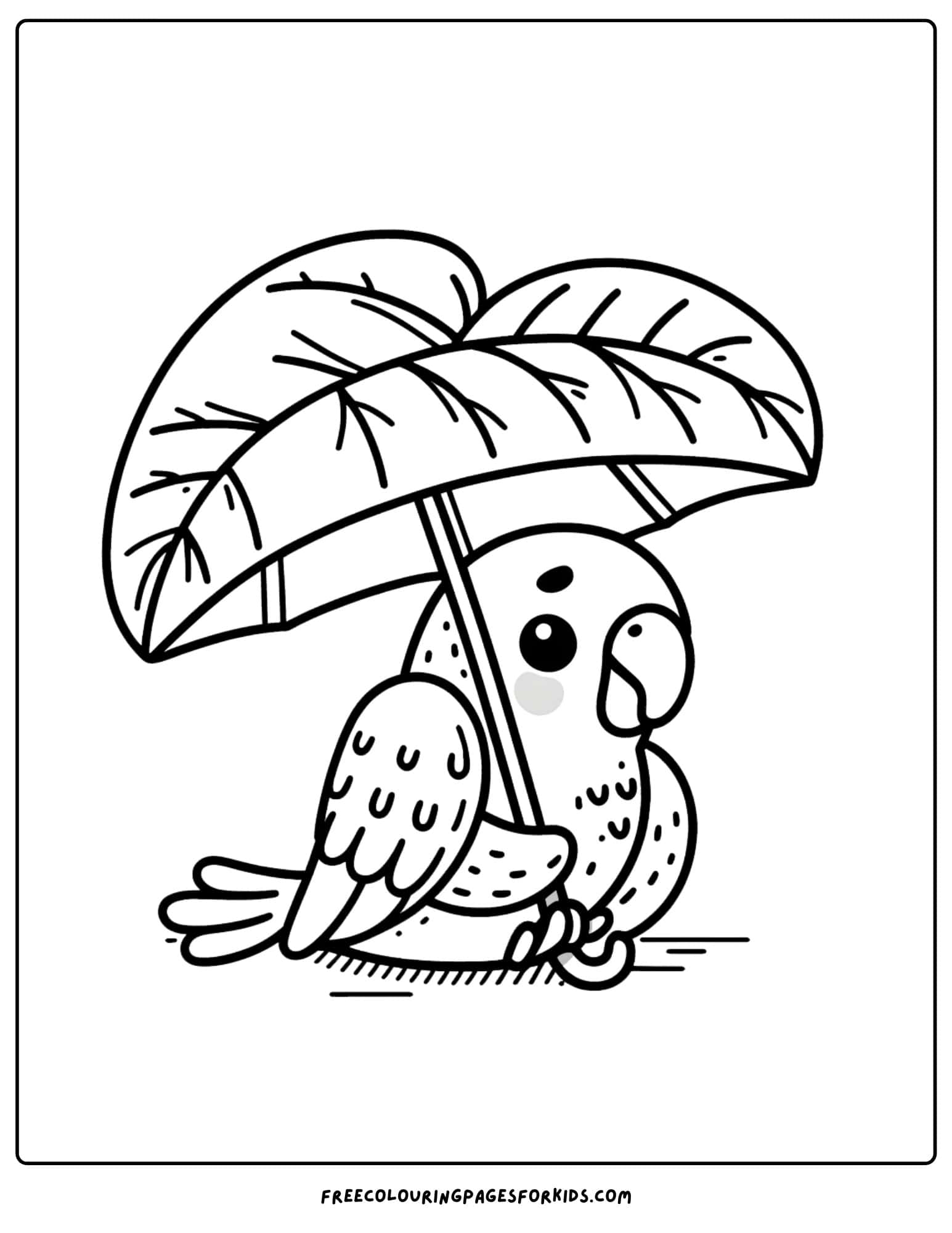 parrot holding a big leaf as an umbrella coloring page