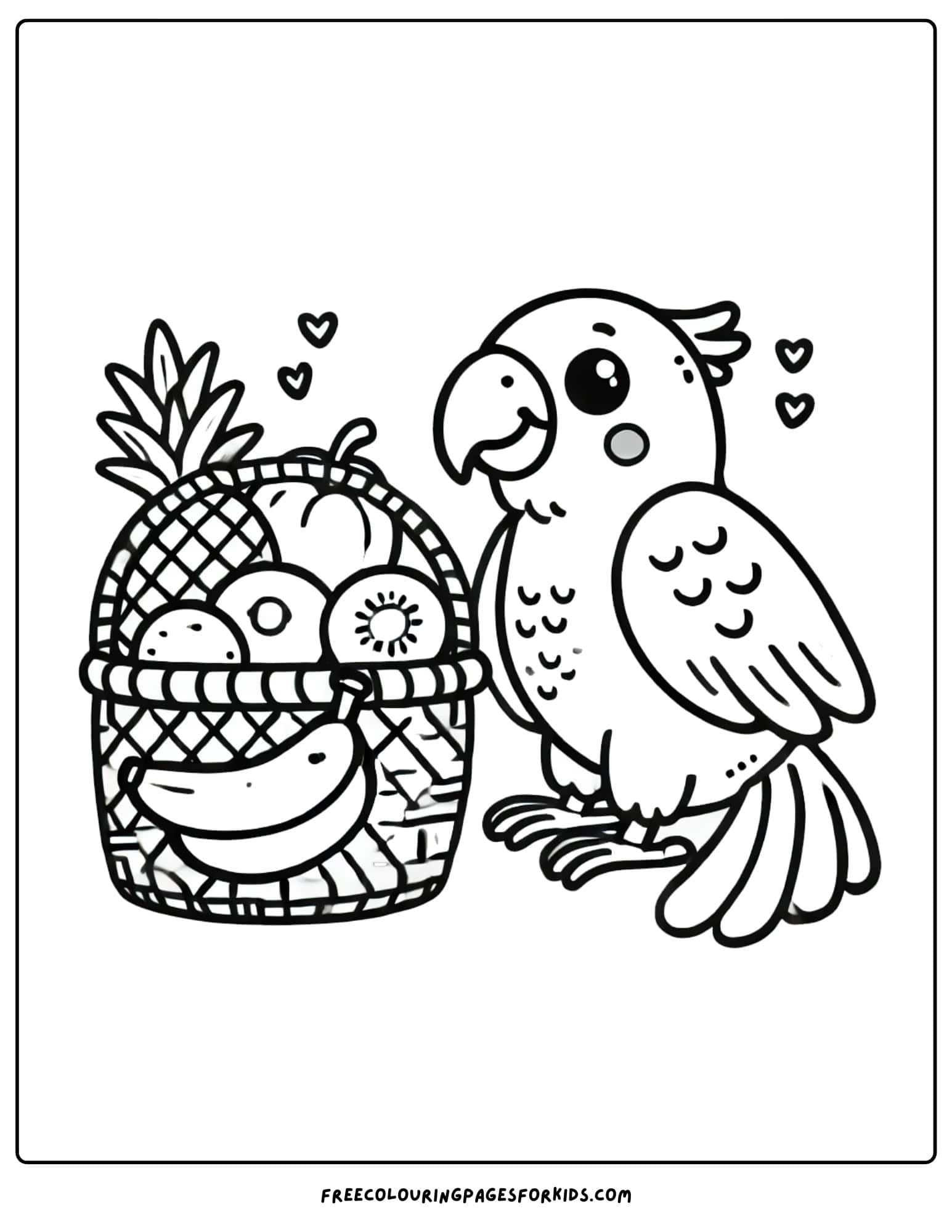 parrot with a fruit basket coloring page