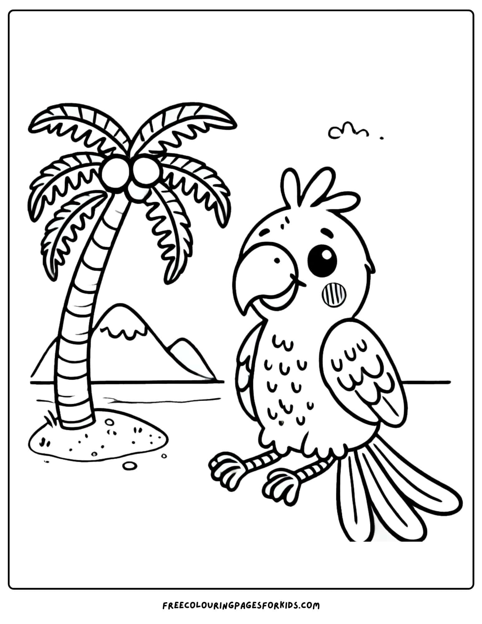 parrot next to a palm tree at the beach coloring page