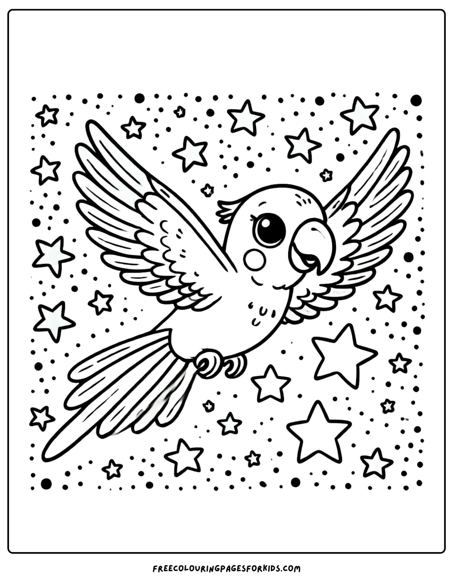 parrot flying amongst the stars coloring page