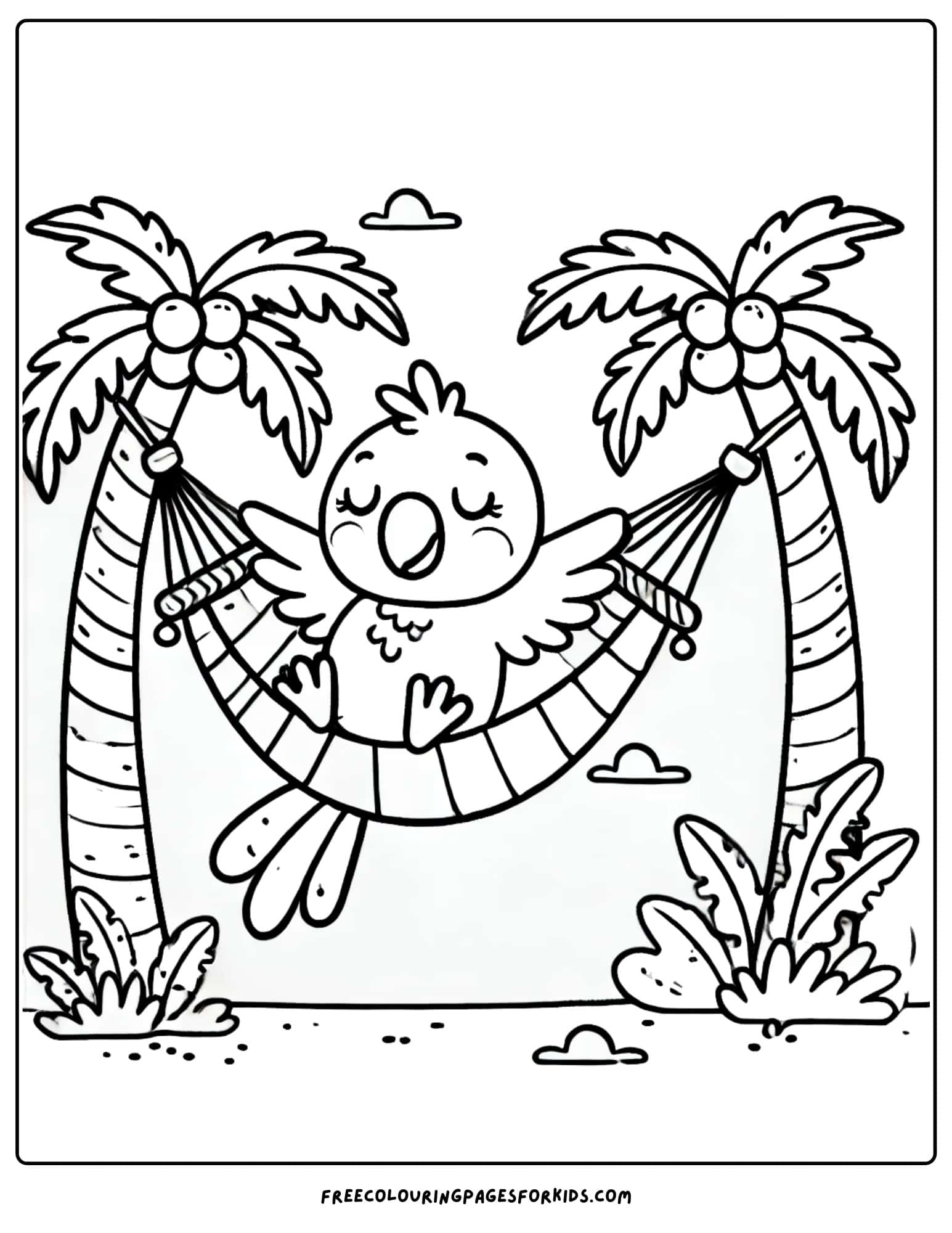 parrot relaxing in a hammock coloring page