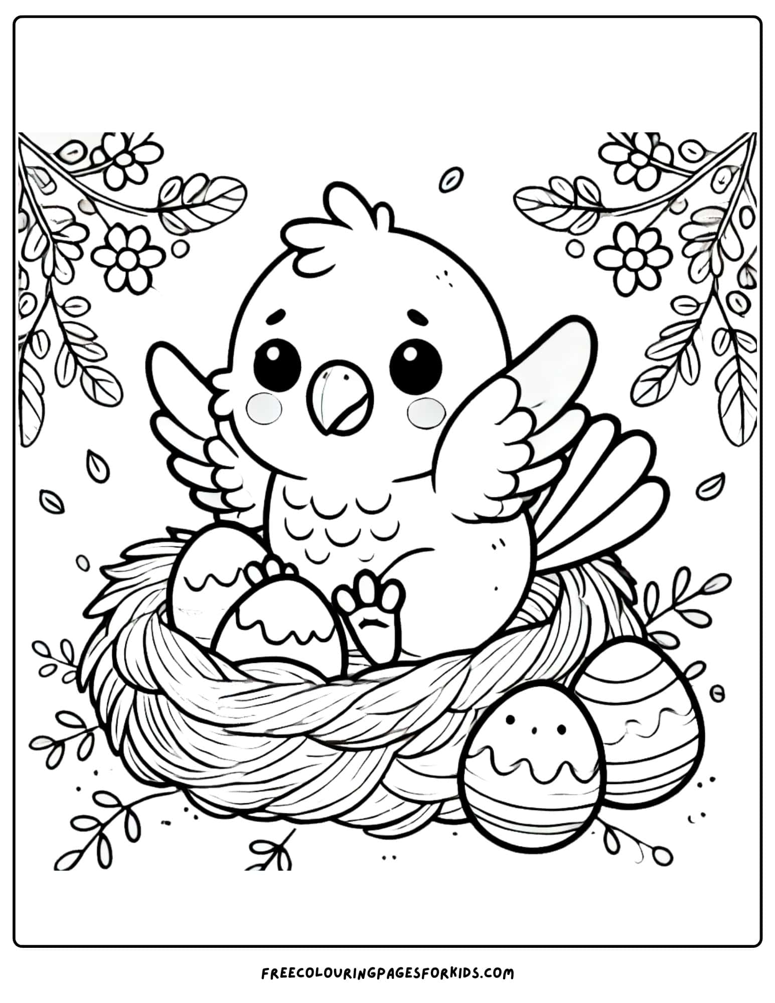 parrot sitting in a nest with eggs coloring page