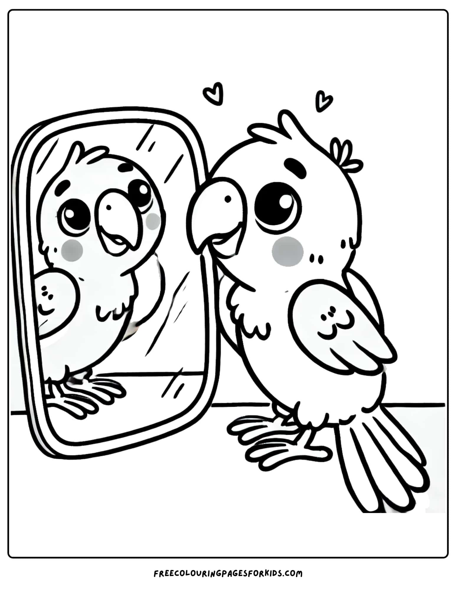 parrot looking at itself in a mirror coloring page