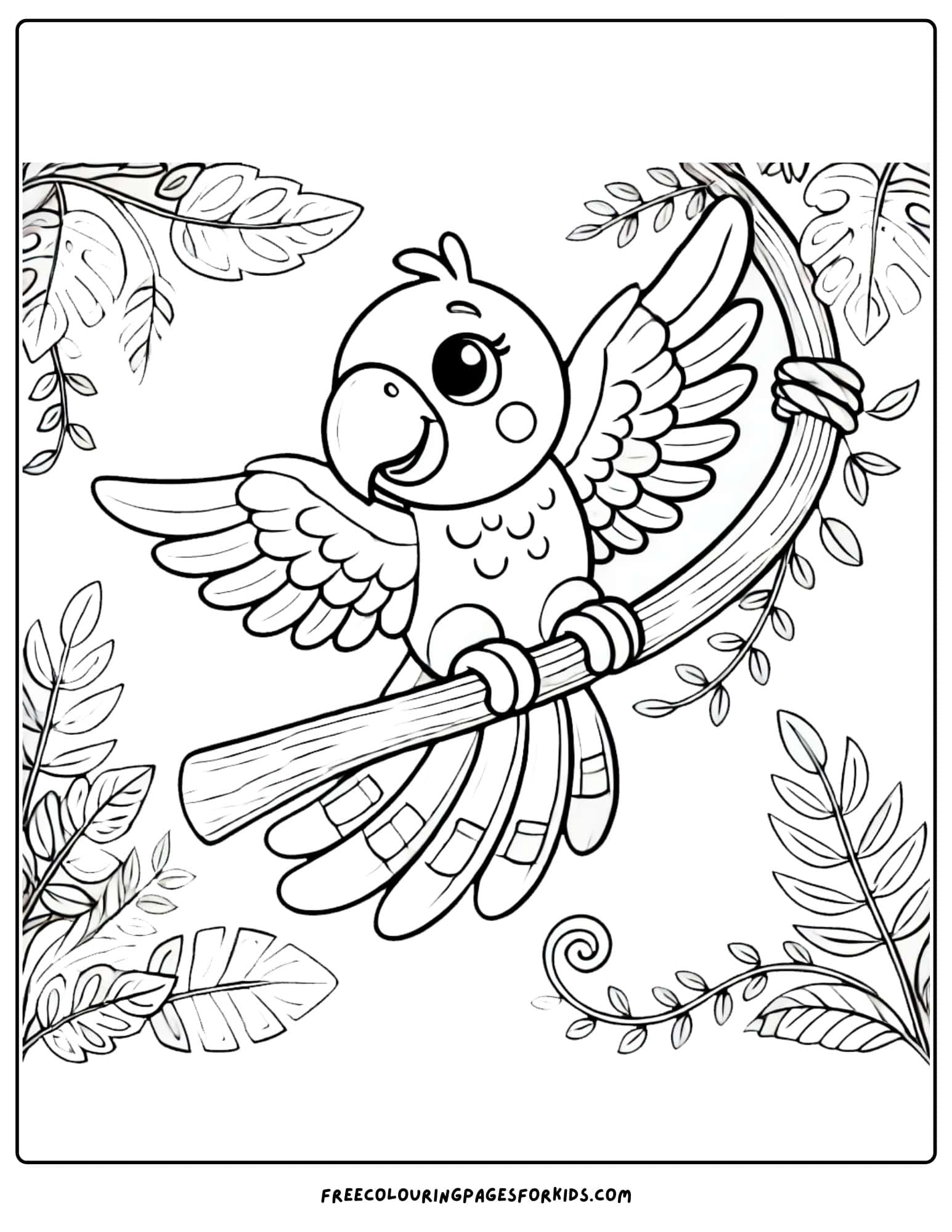 parrot sitting on a vine coloring page