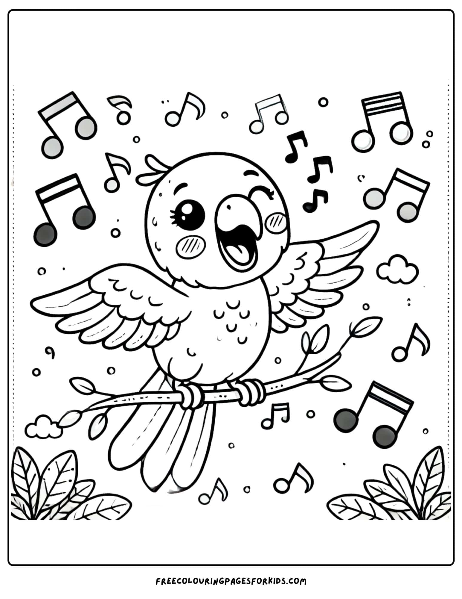 parrot singing with music notes around coloring page