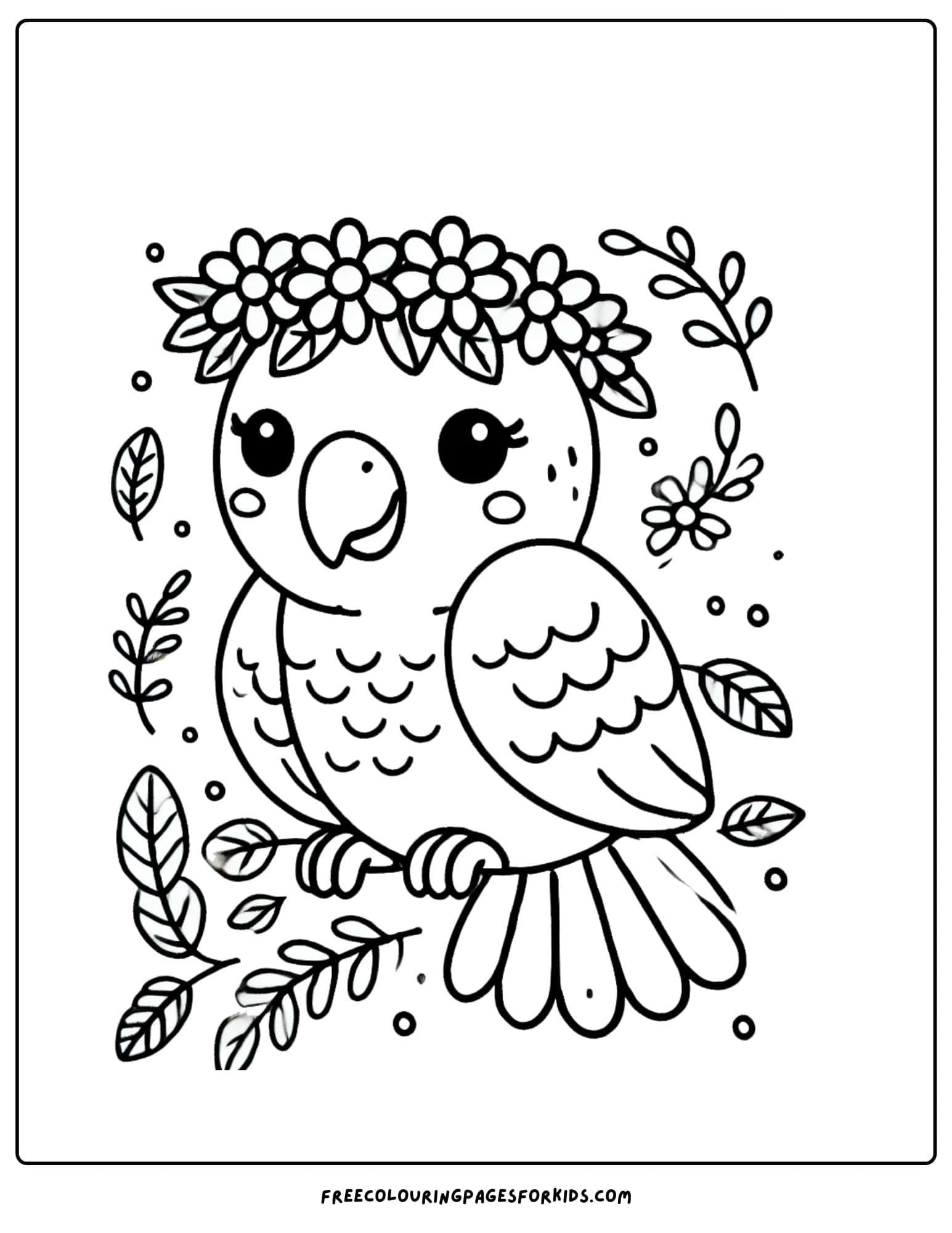 parrot wearing a flower crown coloring page