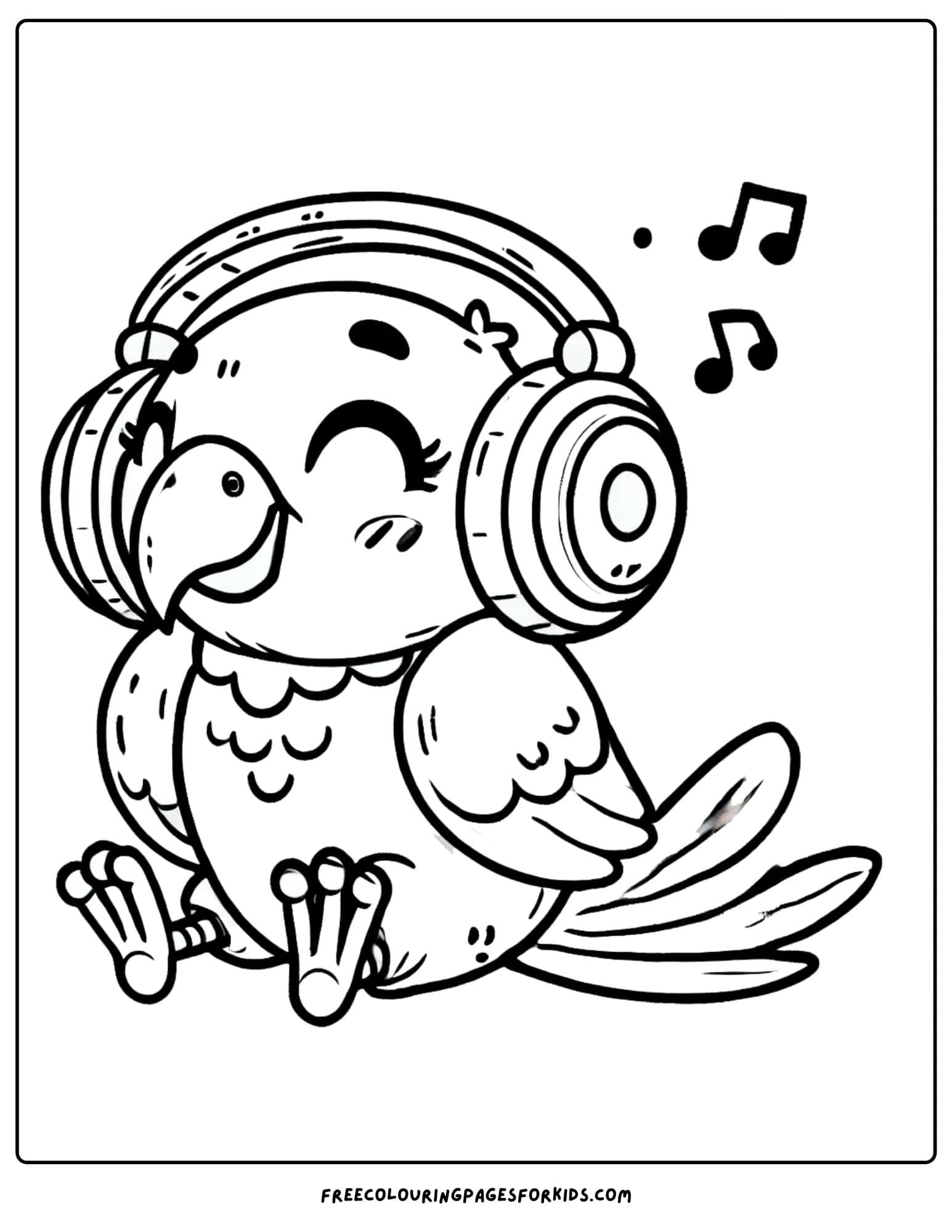 parrot wearing headphones listening to music coloring page