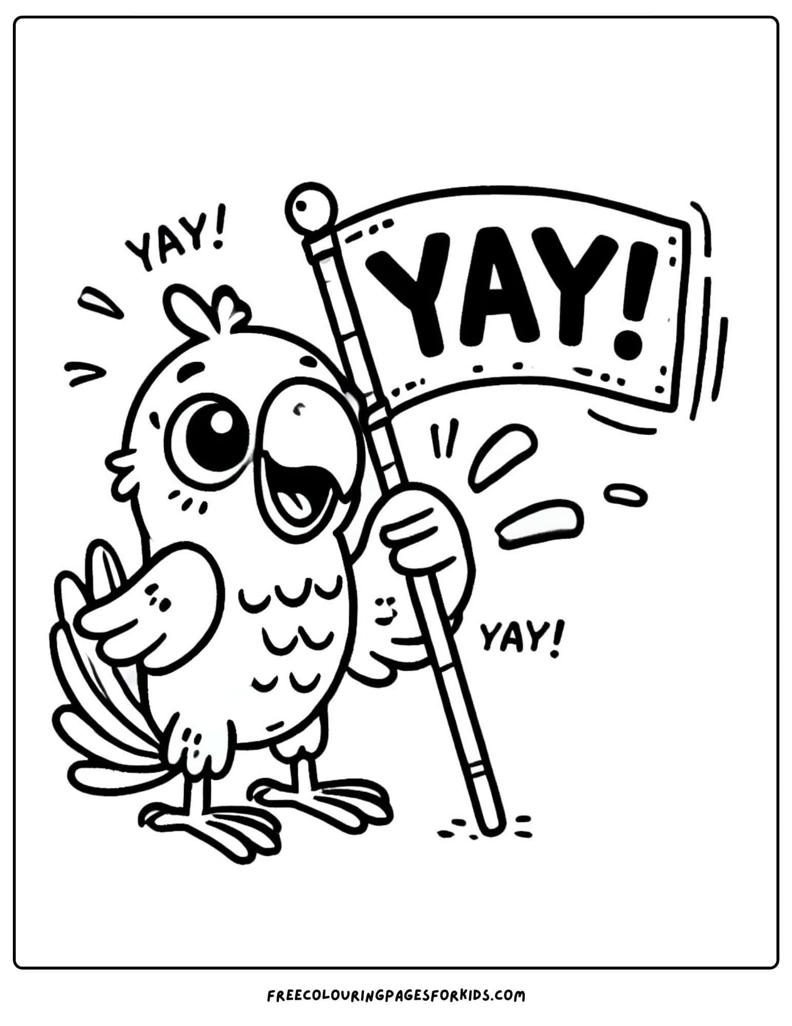 parrot holding a sign that says yay coloring page