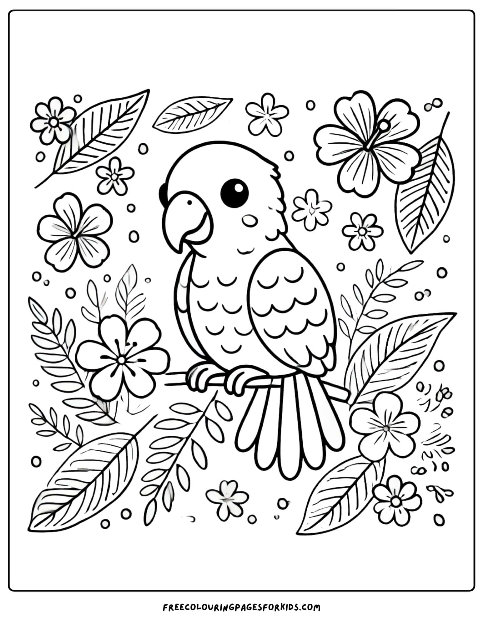 parrot with tropical flowers coloring page