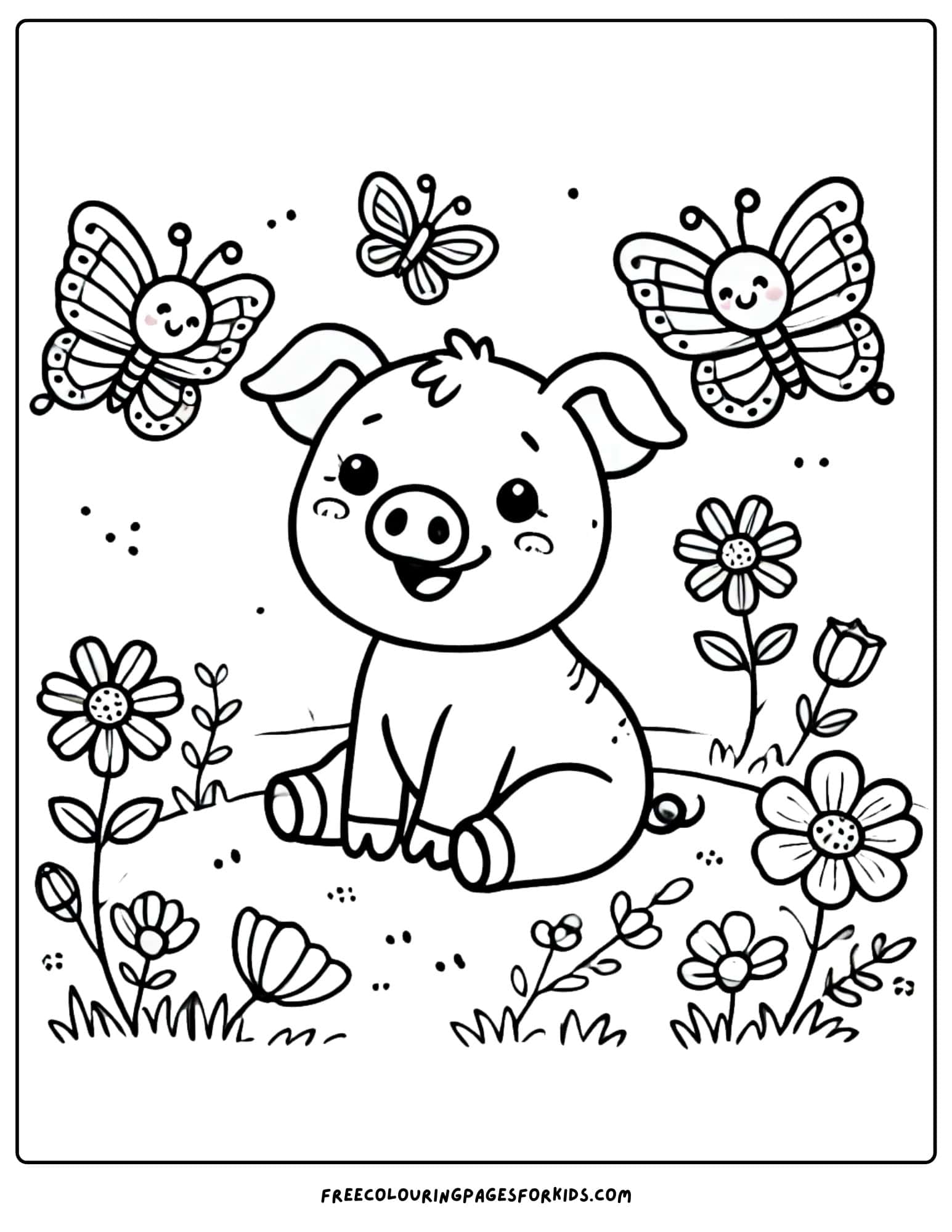 pig sitting with butterflies flying around coloring page