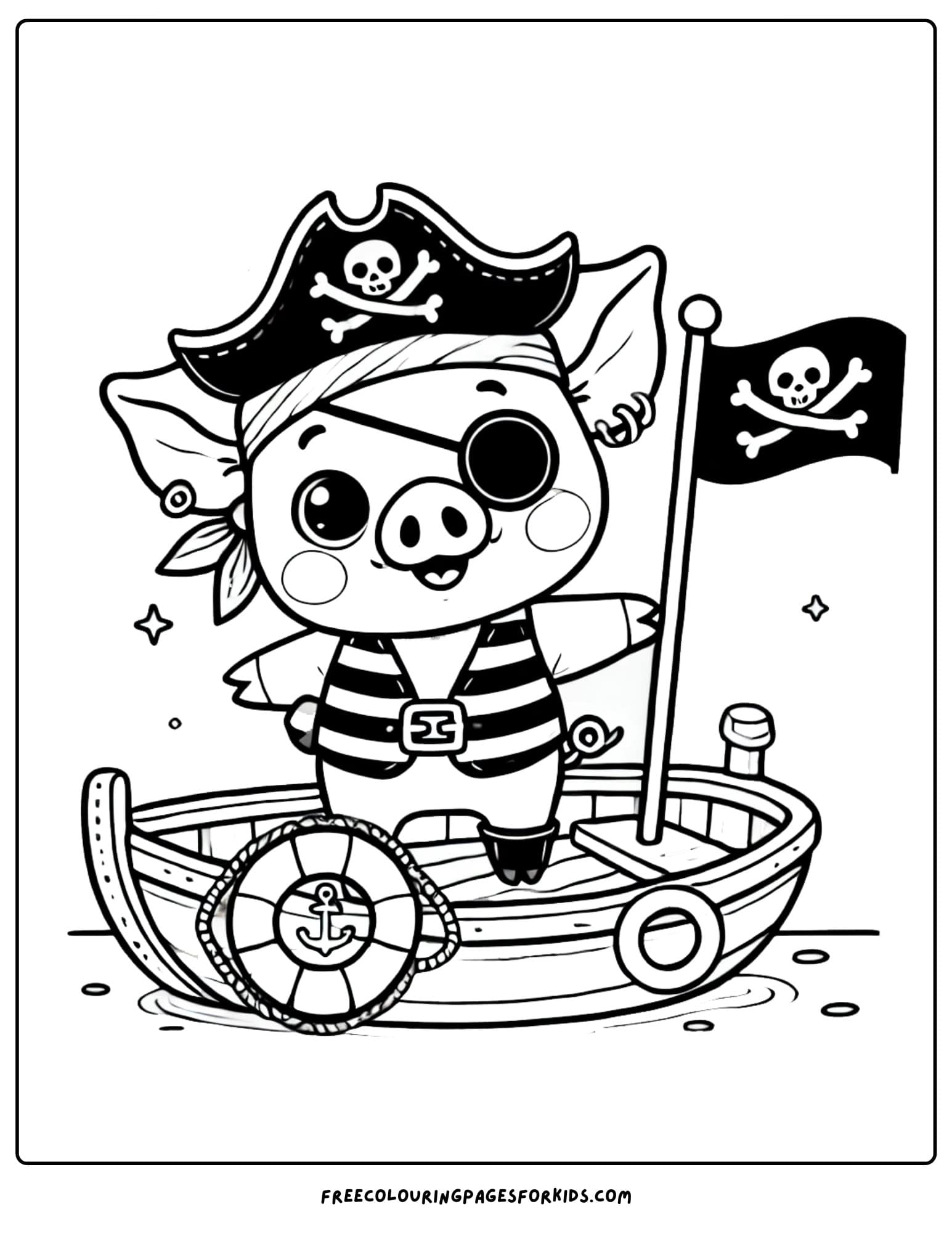 pig as a pirate in a boat coloring page