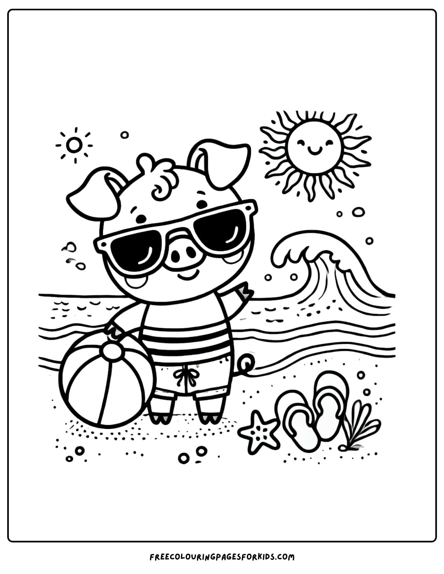 pig at the beach wearing sungalsses coloring page