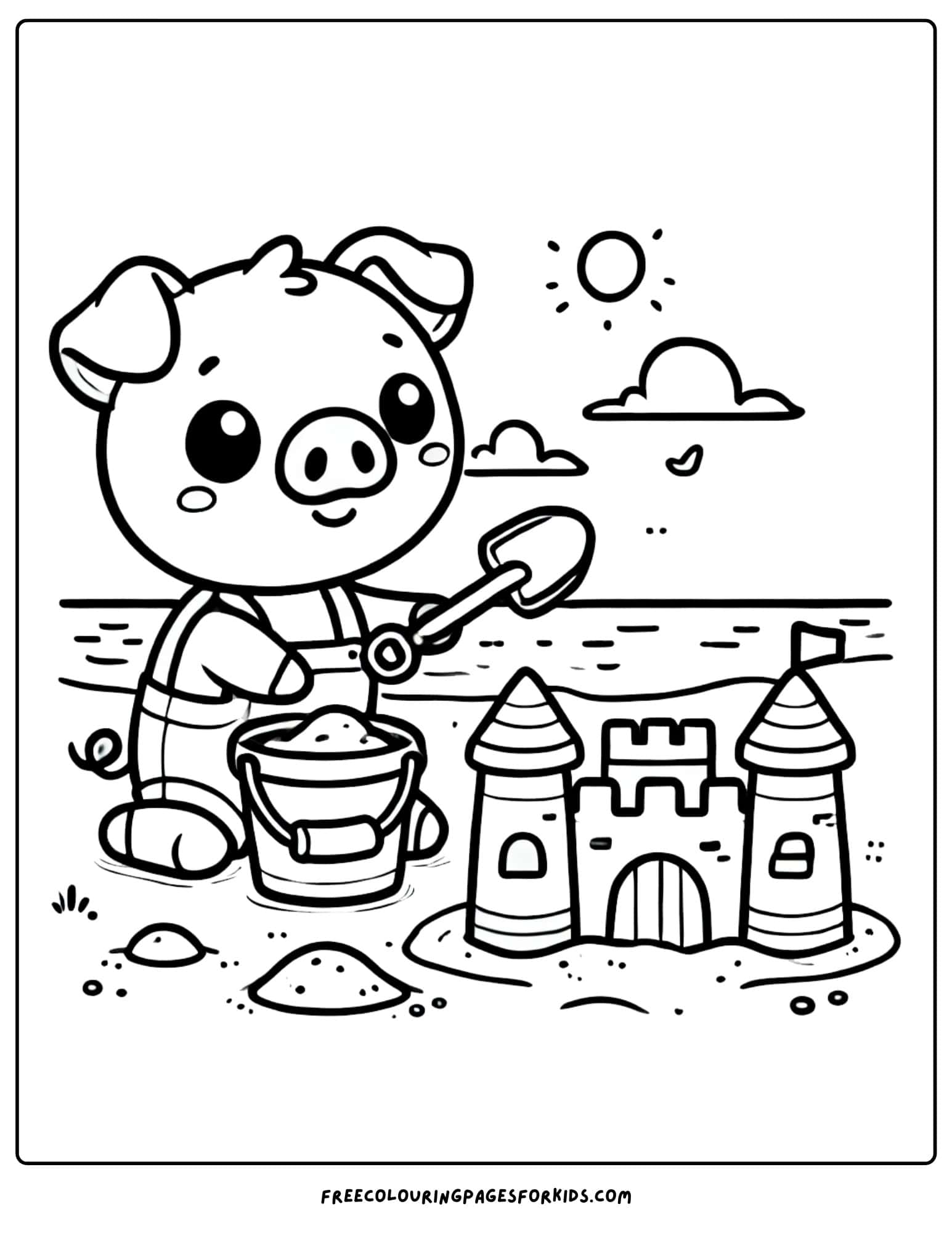 pig building a sandcastle coloring page