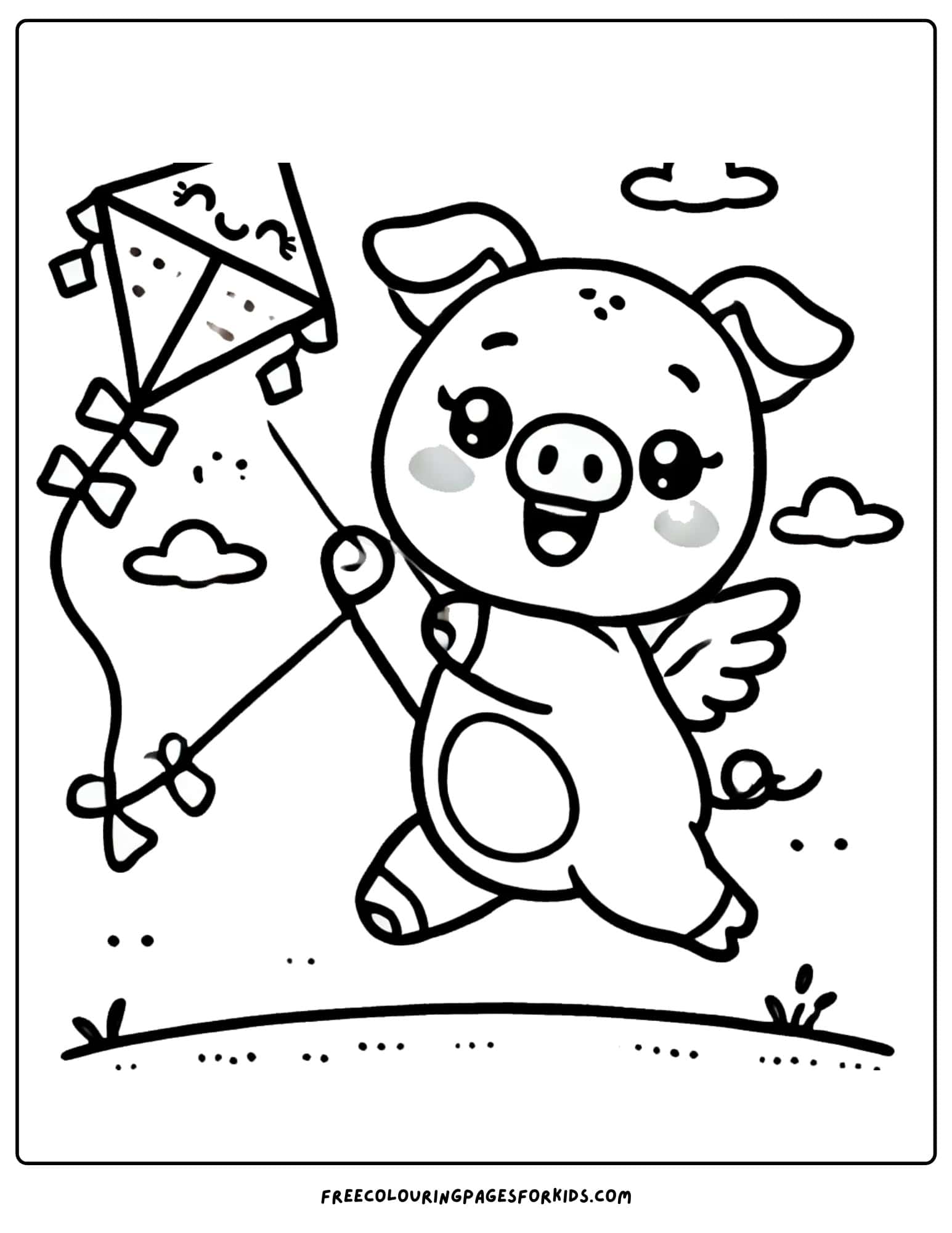 pig flying a kite coloring page