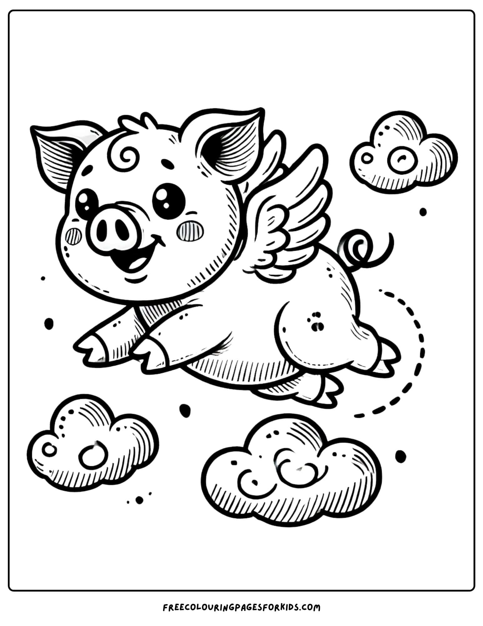 pig with wings flying in the sky coloring page