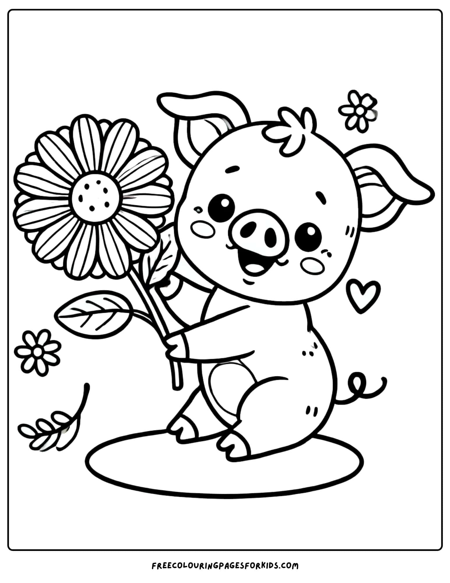 pig holding a giant flower coloring page