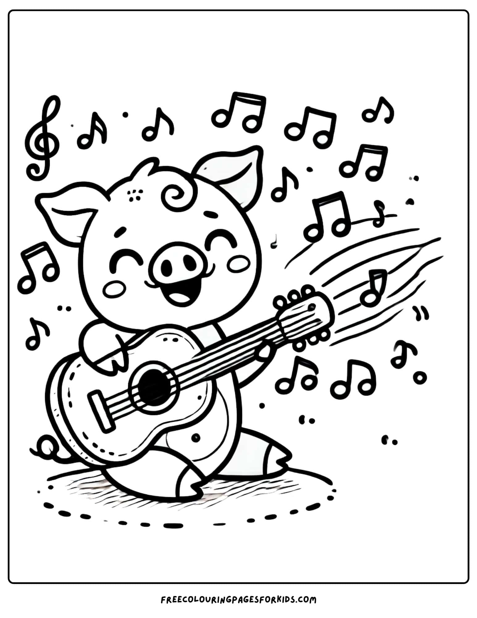 pig playing a guitar with music notes around coloring page