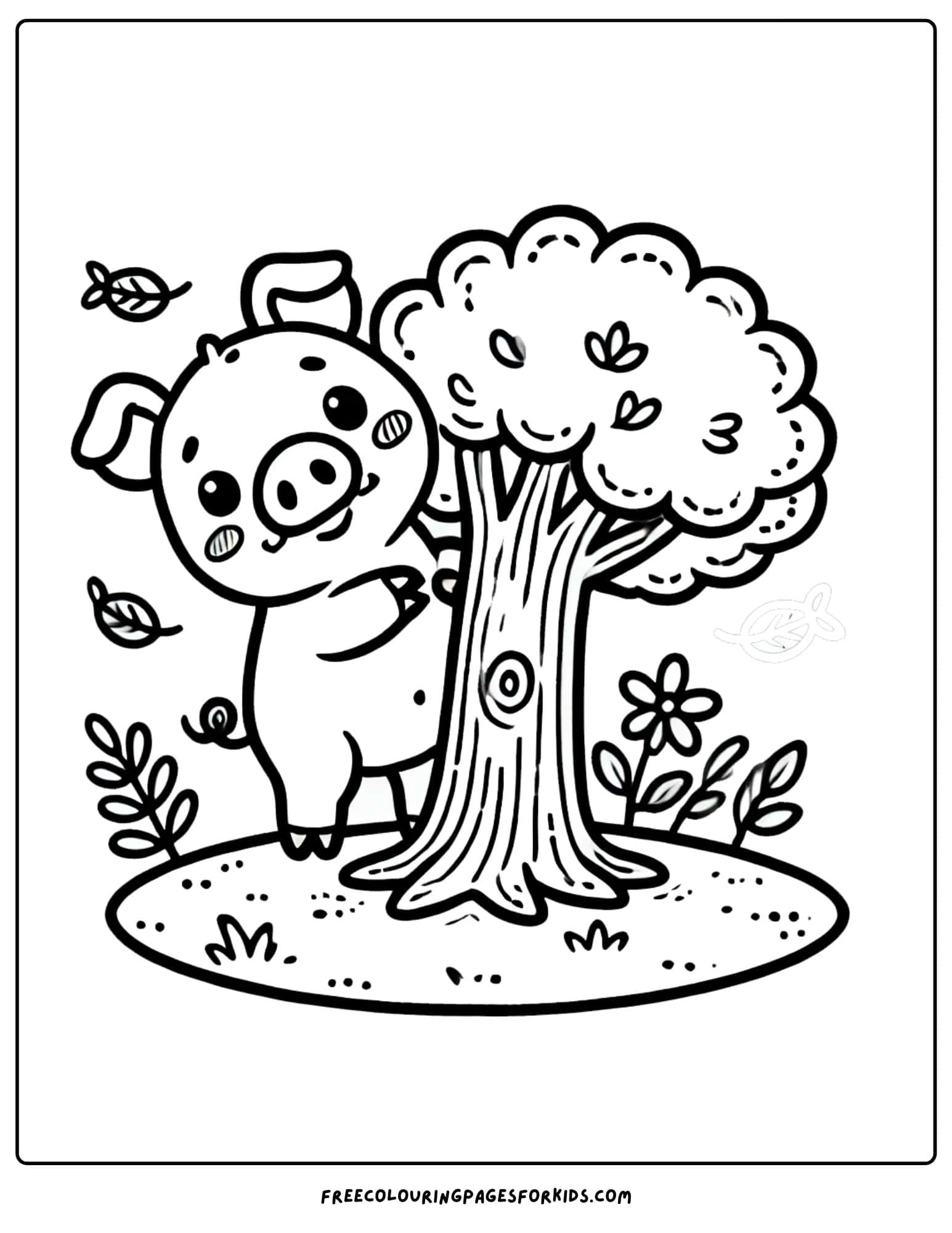 pig playing hide and seek behind a tree coloring page