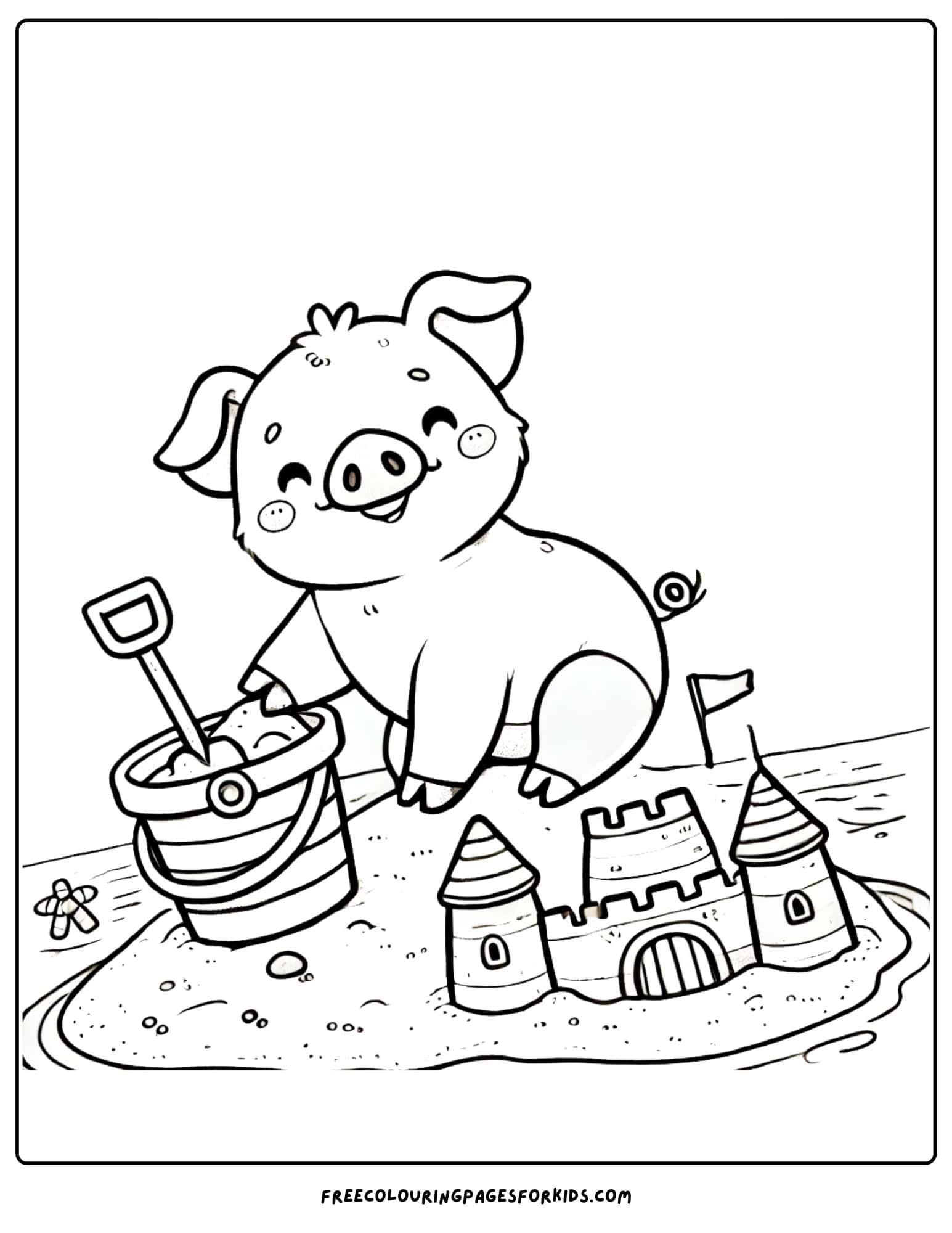 pig playing in the sand at the beach coloring page